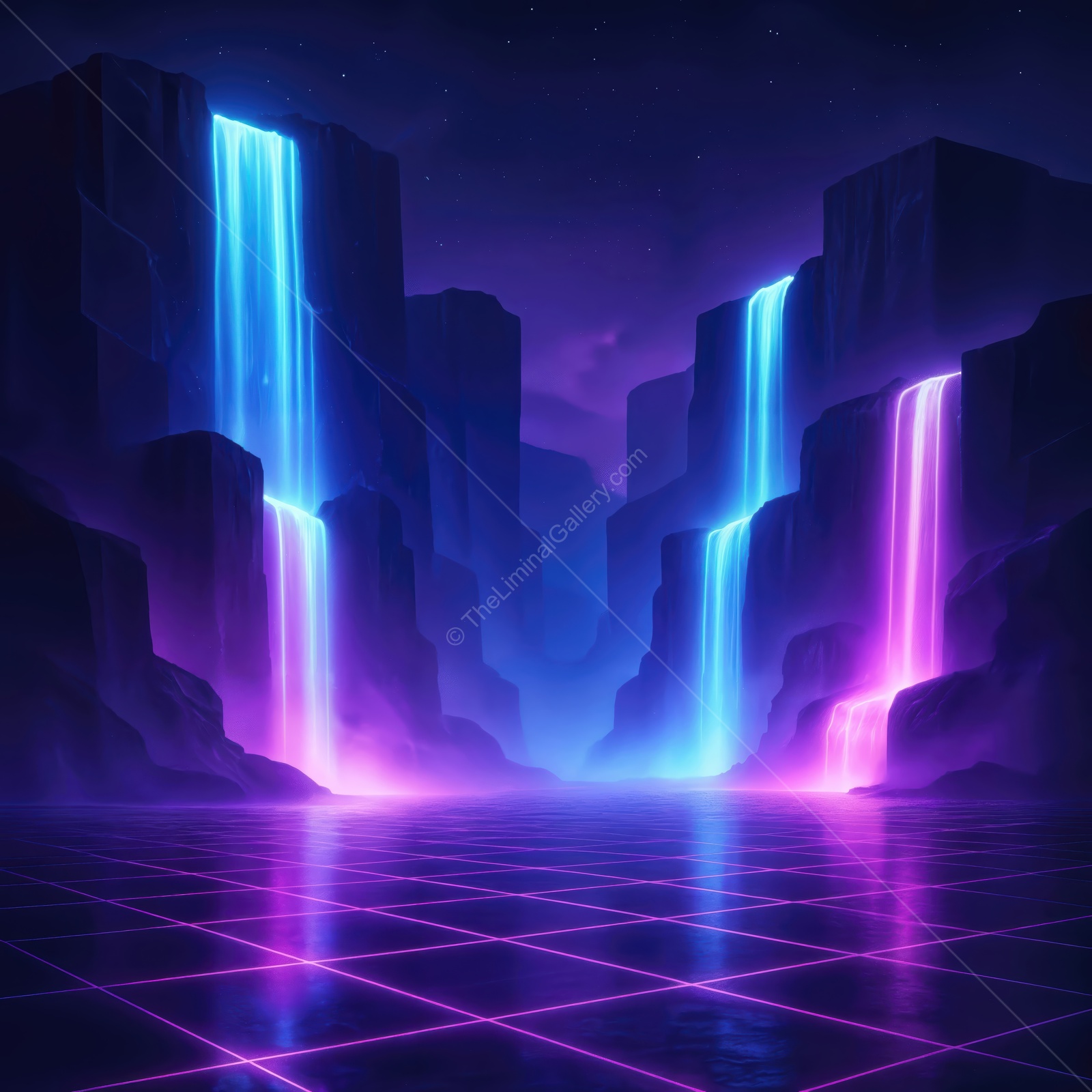 Charming neon waterfalls cascade into a tranquil valley under a starry night sky