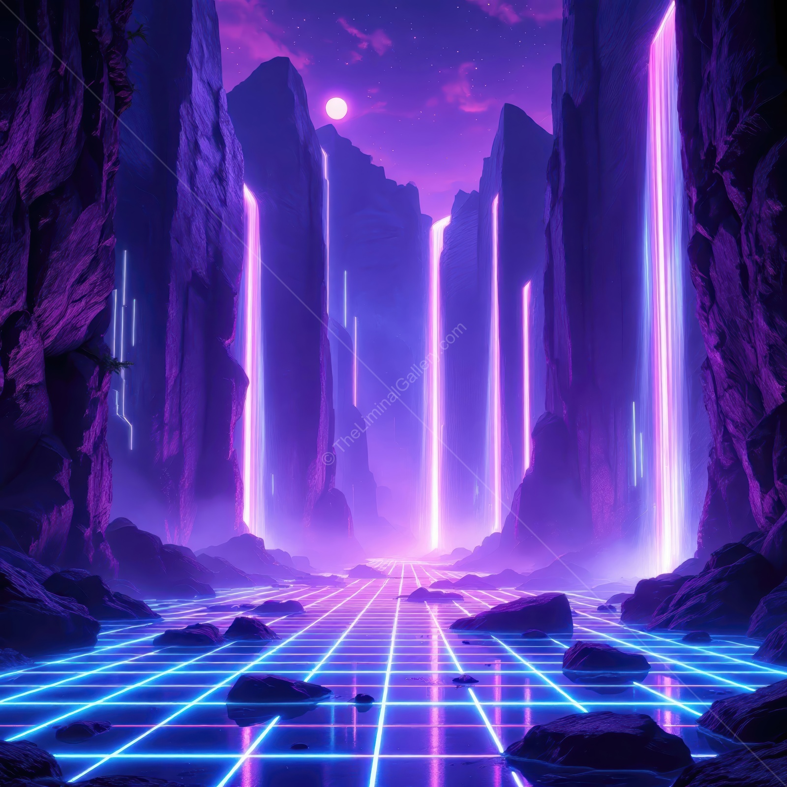 Majestic neon waterfalls cascade through a futuristic valley under a glowing moonlit sky