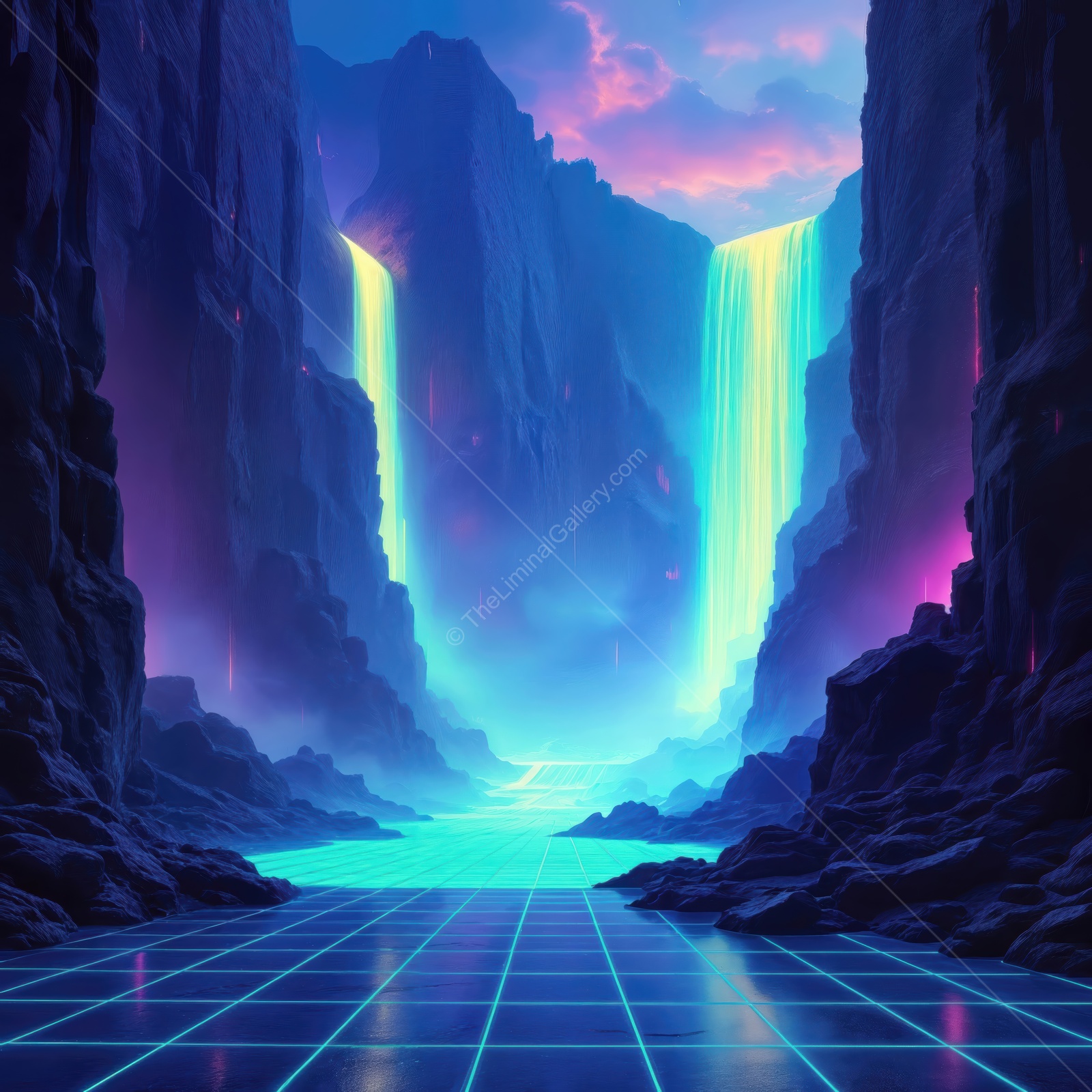 Majestic waterfalls cascade through a neon valley at twilight in a vibrant digital landscape