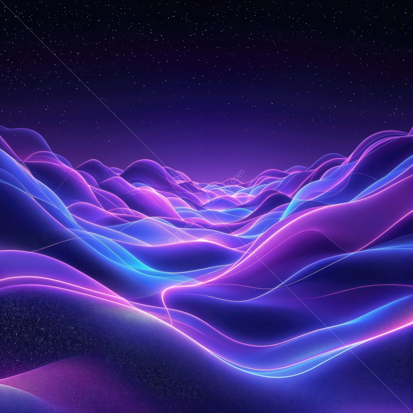 Vibrant waves of light surround a mystical landscape under a starry night sky