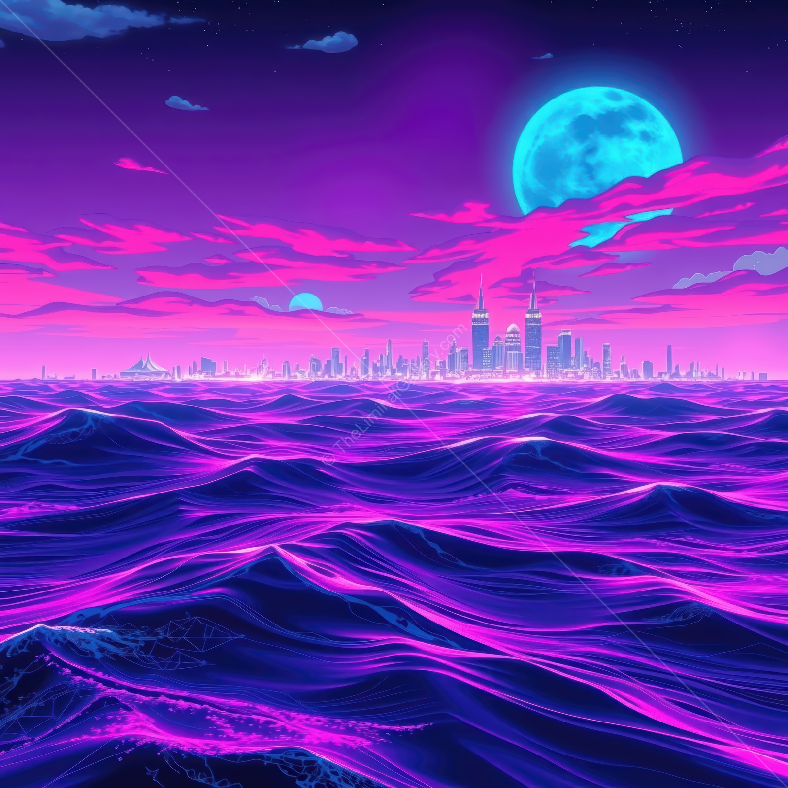 Vibrant waves and a neon skyline under a glowing moon in a surreal seascape