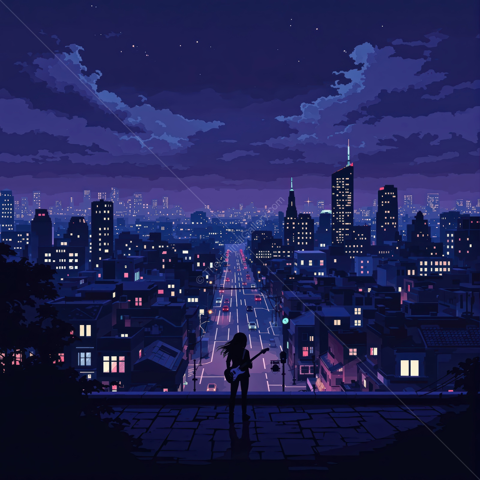 Nighttime cityscape view with glowing lights and an urban skyline filled with stars and clouds