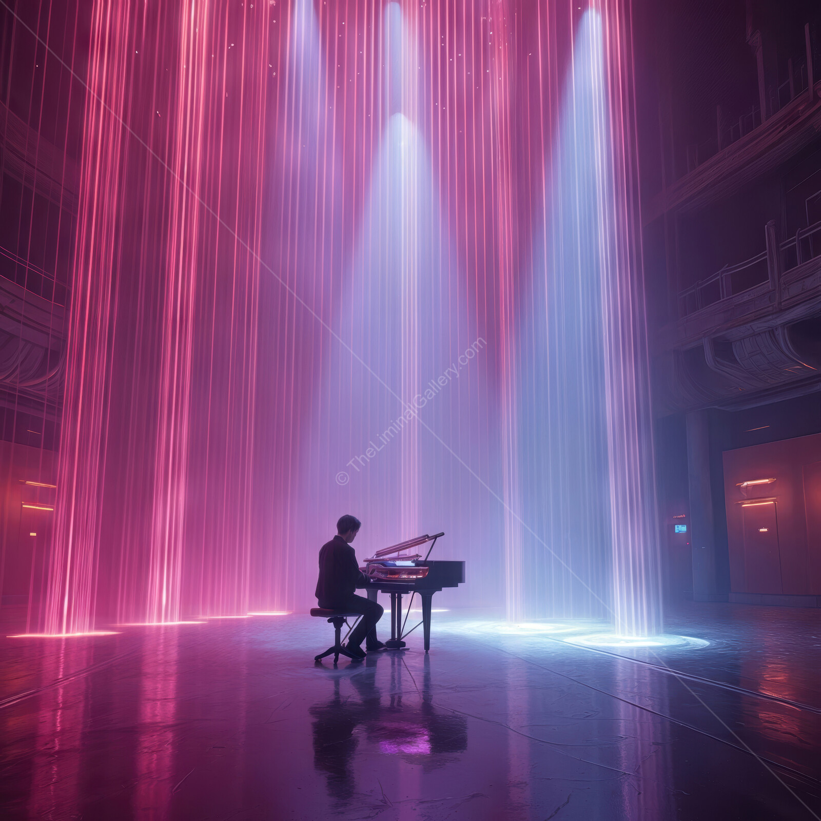 Captivating piano performance illuminated by vibrant light beams in an elegant theater setting