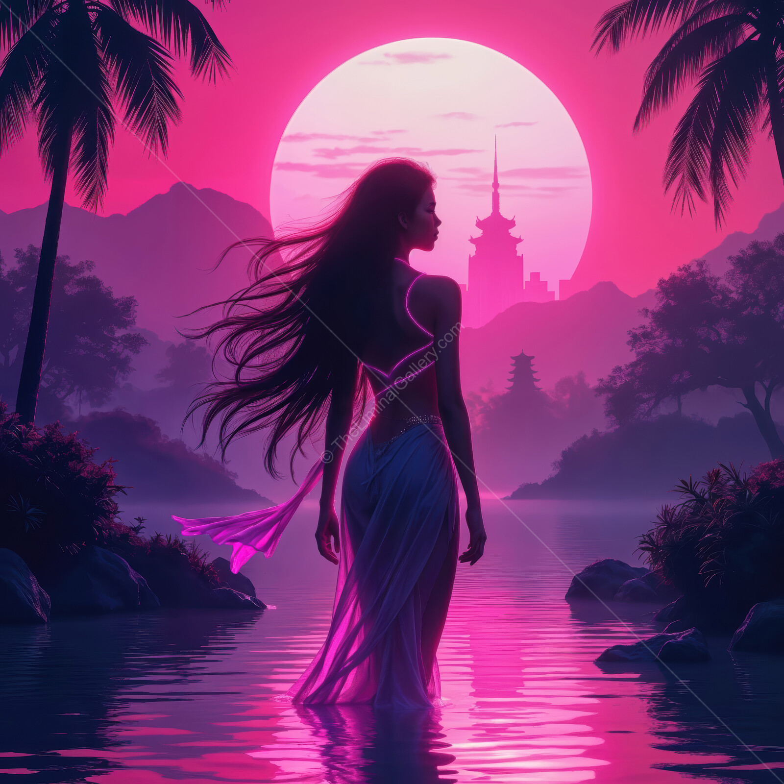 Mystical journey under a pink moon with a silhouette in a serene landscape