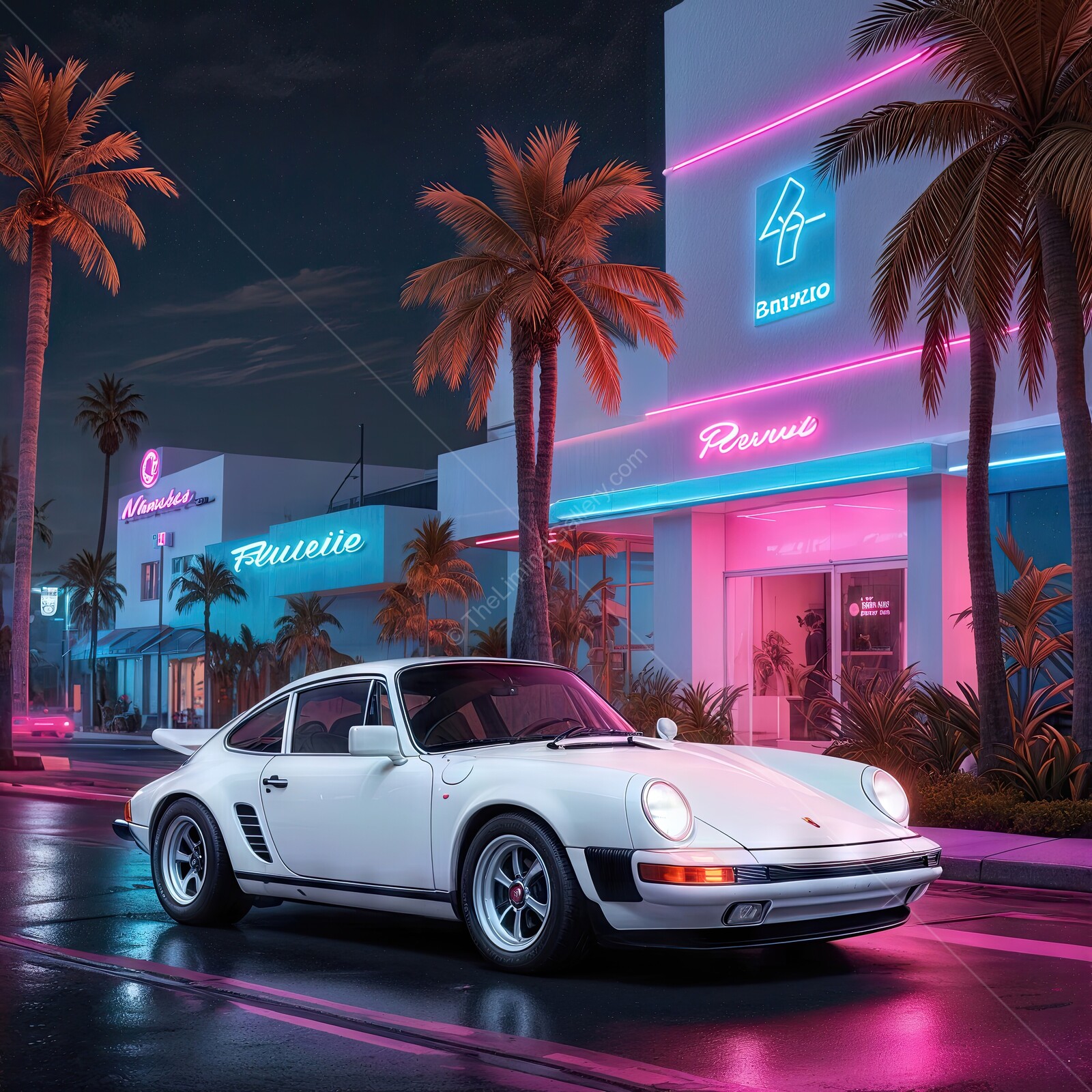 Elegant white Porsche parked under neon lights on a vibrant night in a retro-inspired street
