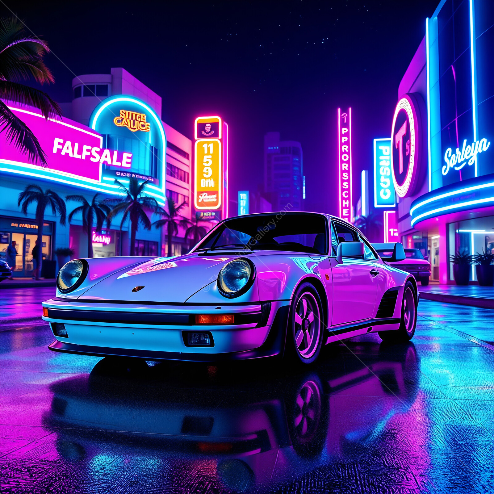 Synthwave neon lights illuminate a vintage Porsche in a vibrant urban setting at night