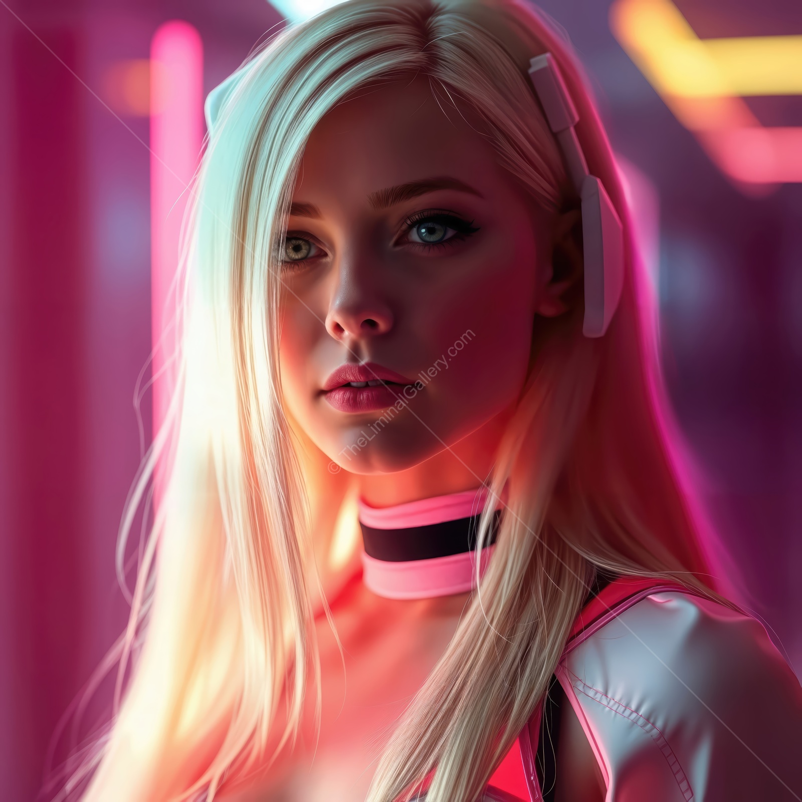 Captivating portrait of a futuristic woman illuminated by vibrant neon lights in a modern urban setting at dusk
