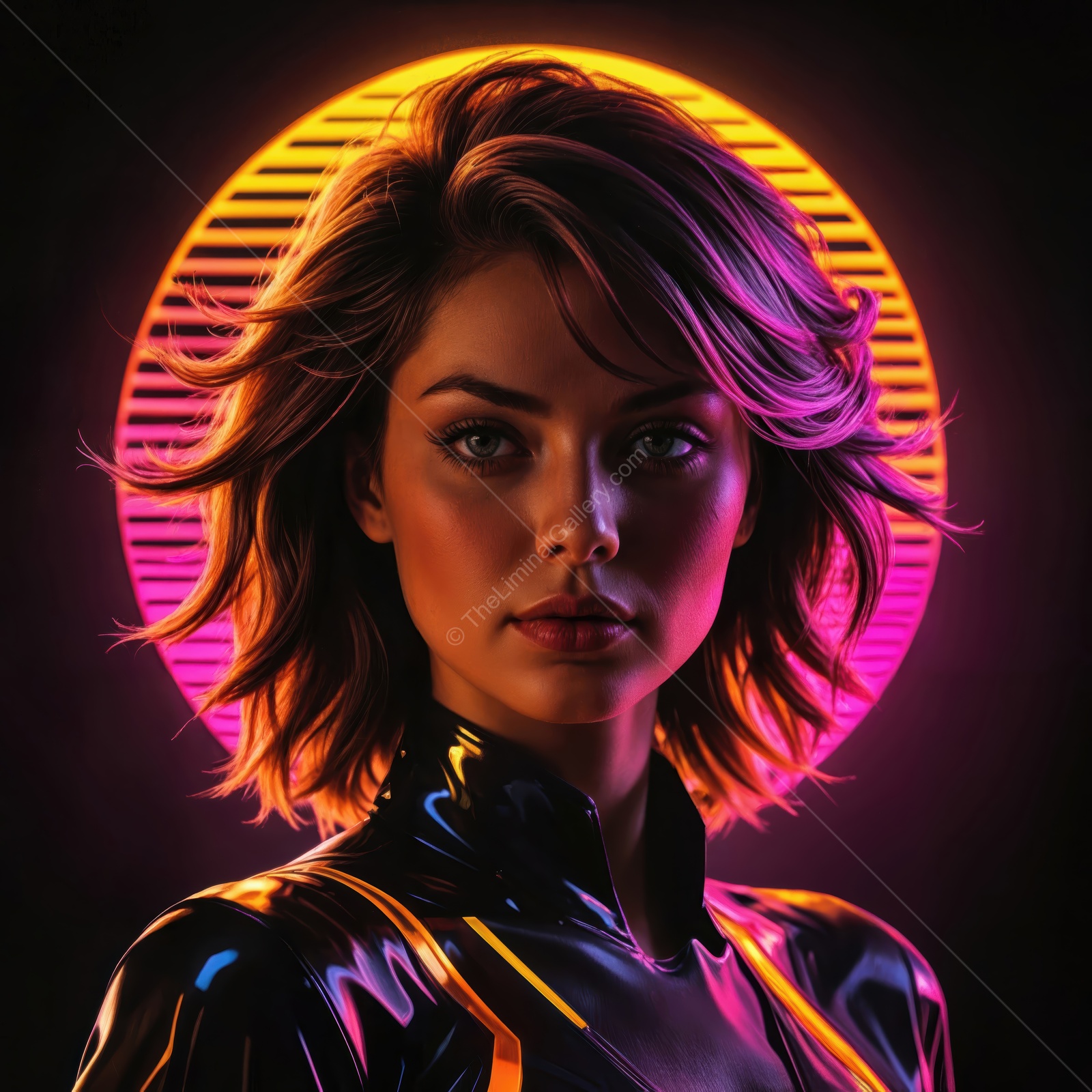 Captivating portrait of a woman with glowing neon lights behind her showcasing futuristic fashion
