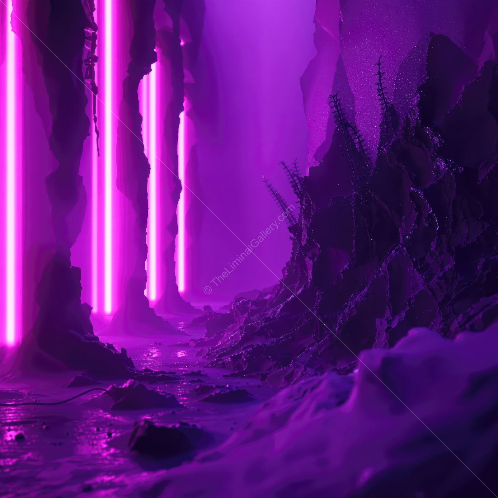 Vibrant purple glow illuminates a mysterious cave path, weaving through rocky formations and ethereal mist