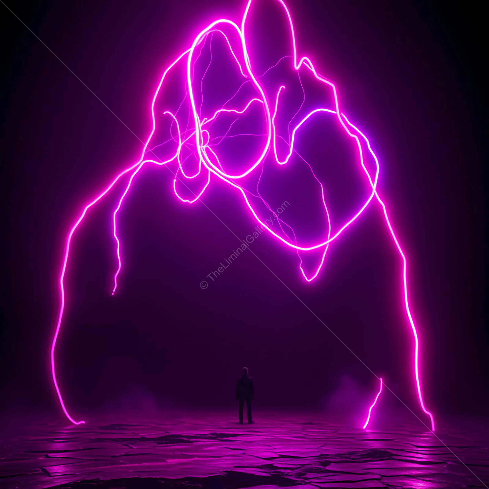 Captured in the realm of purple lightning, a figure stands beneath a radiant, electrifying arch at dusk