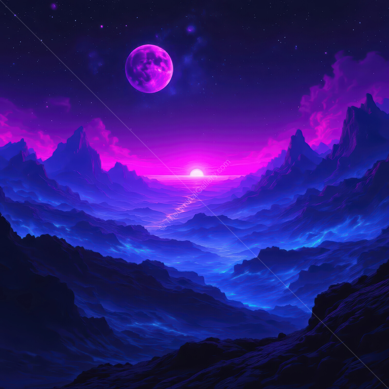 Mystical twilight over purple mountains with vibrant moonlight and a serene horizon