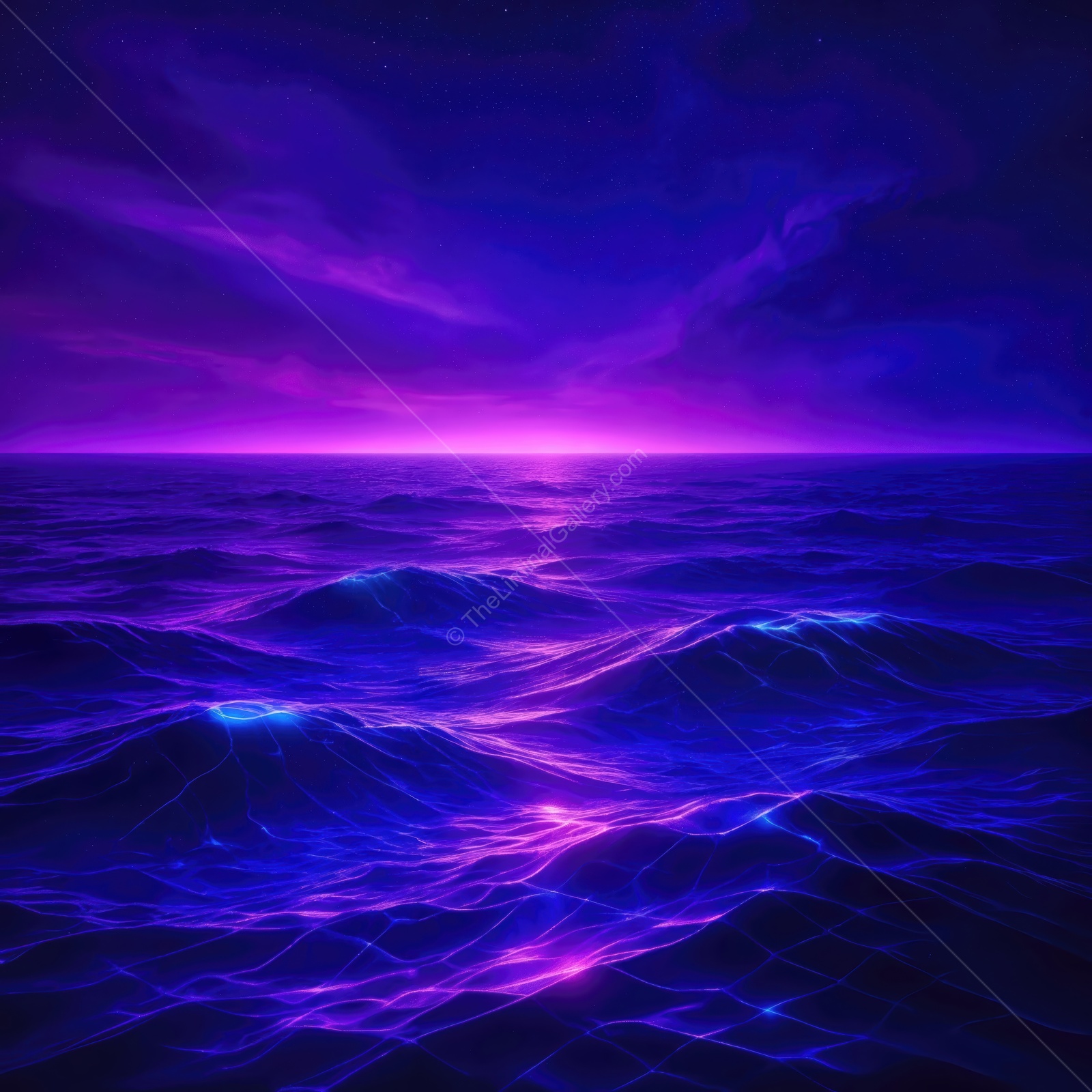 Vibrant purple waves reflect the stunning twilight sky over the ocean, creating a magical scene