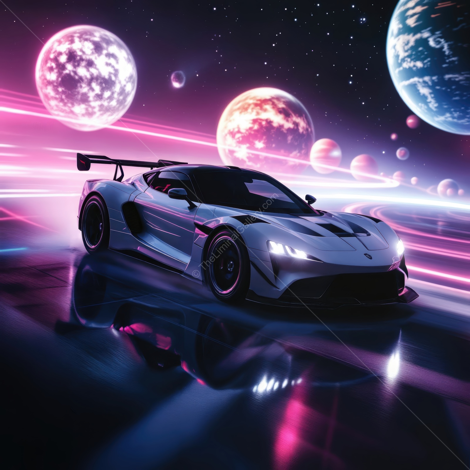 Futuristic racing car glides through a cosmic landscape filled with vibrant colors and celestial bodies