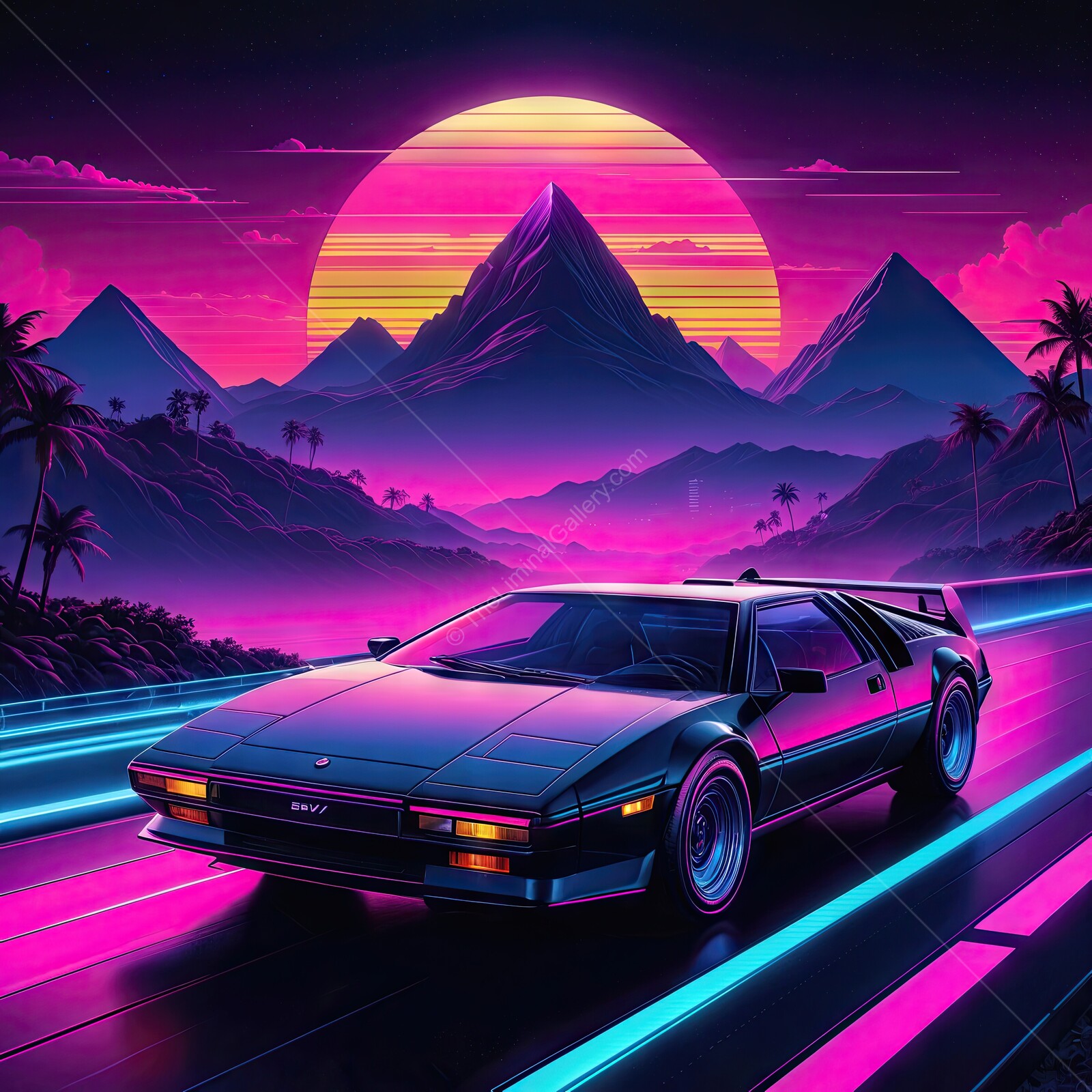 Midnight drive through synthwave neon mountains under a vibrant sunset sky in a retro-styled landscape