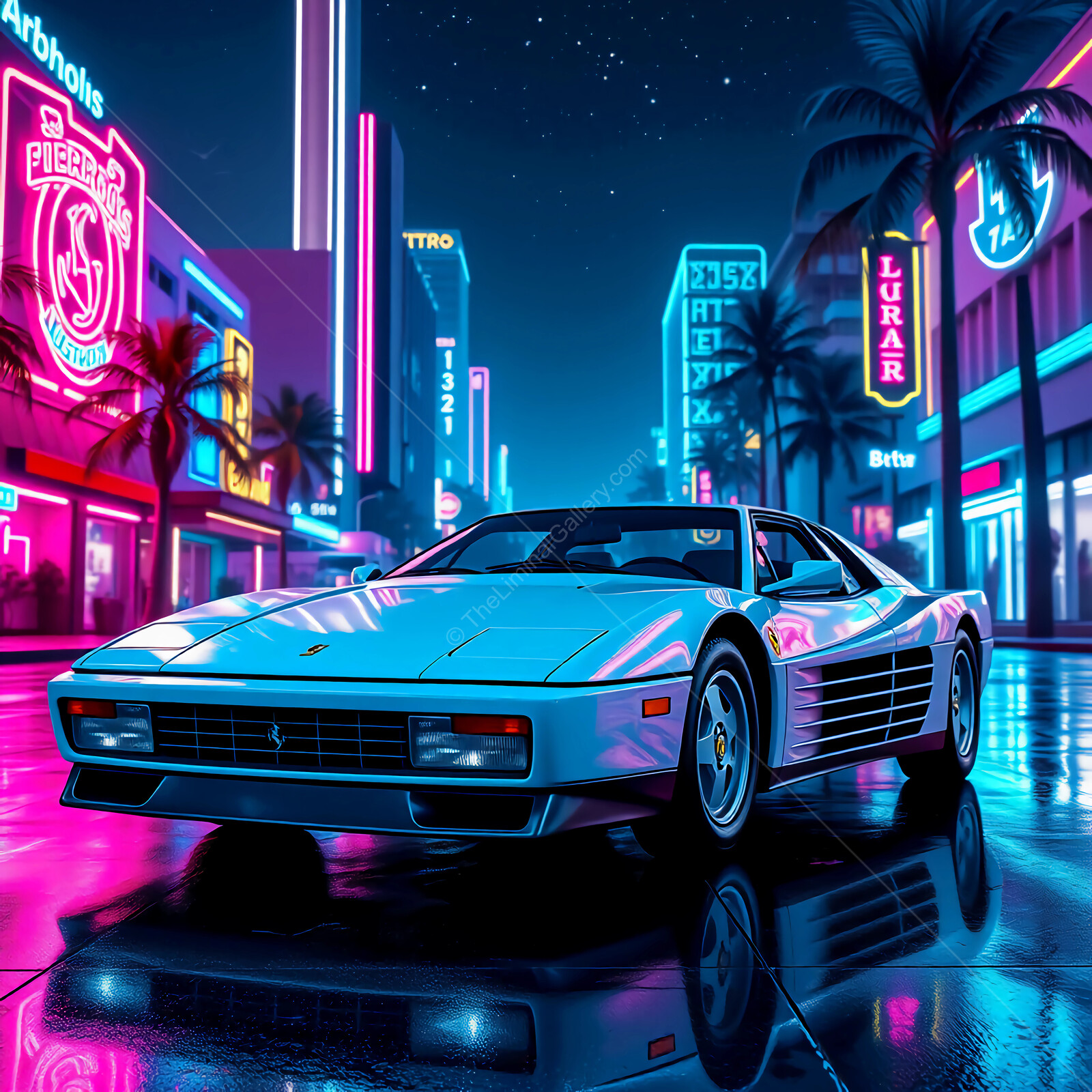 80s synthwave Ferrari parked under neon lights in a vibrant city at night