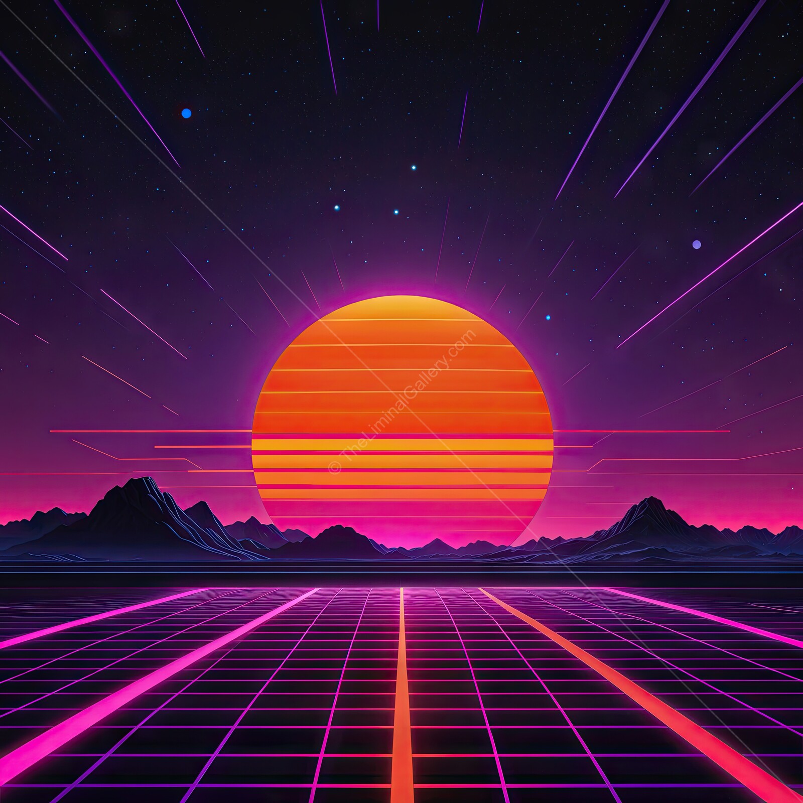 Vibrant synthwave sunset over a retro-futuristic landscape with grid patterns and majestic mountains