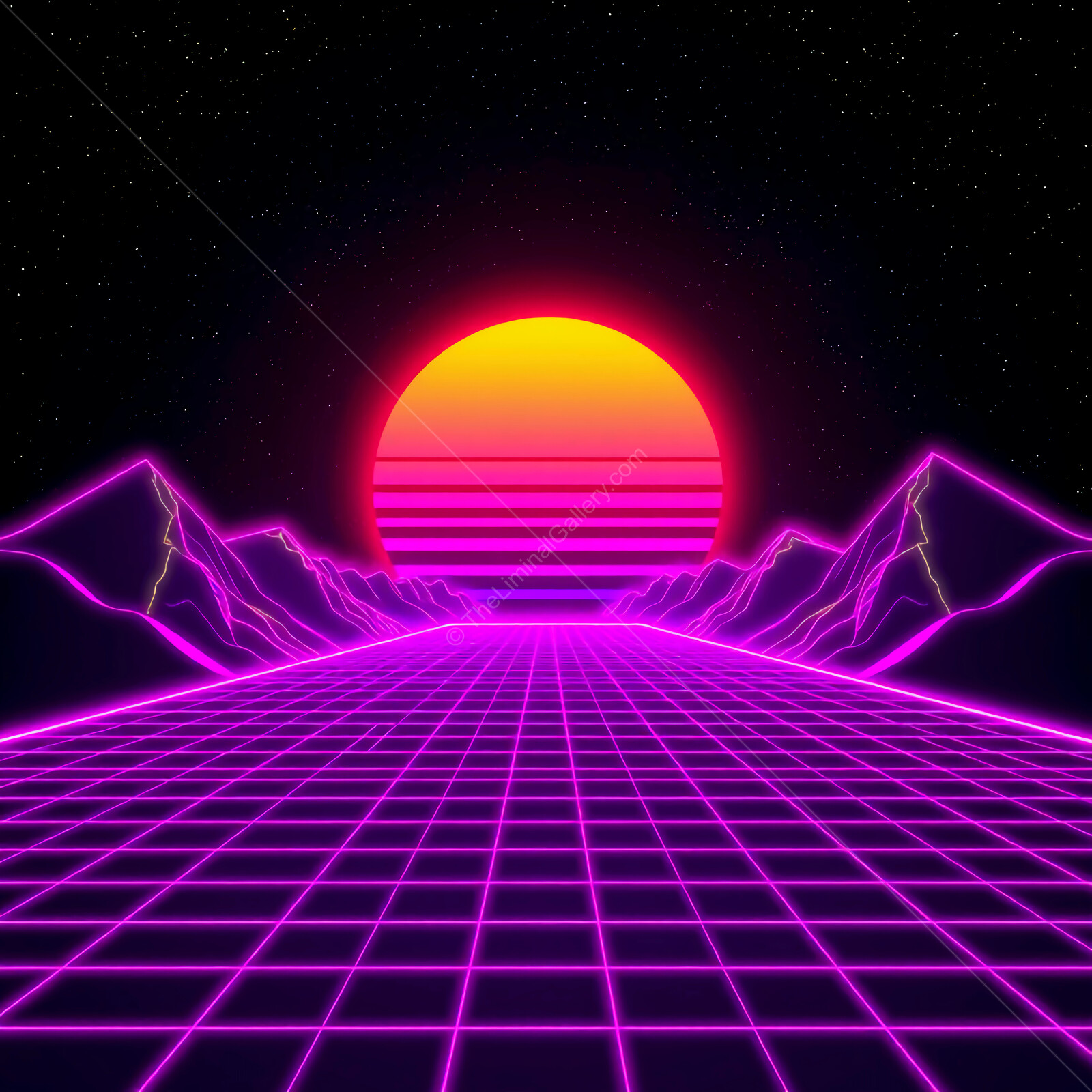 Vibrant synthwave sunset over a neon grid landscape with mountains in a retro futuristic style