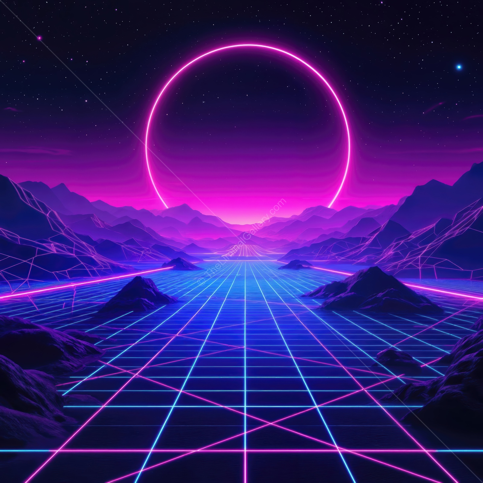 Vibrant retro landscape with neon glow under a starry sky at twilight