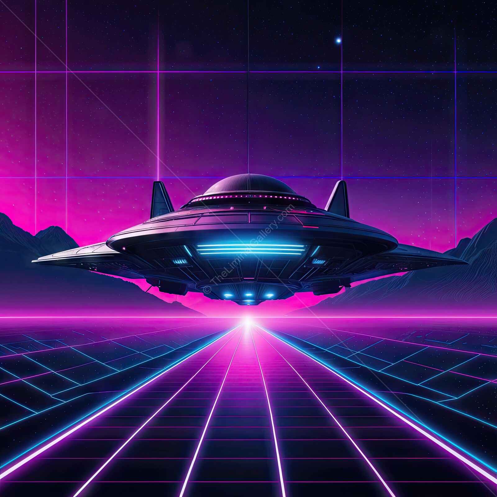 Retro sci-fi landscape featuring a vibrant synthwave spaceship emerging from a neon grid pathway under a starry sky