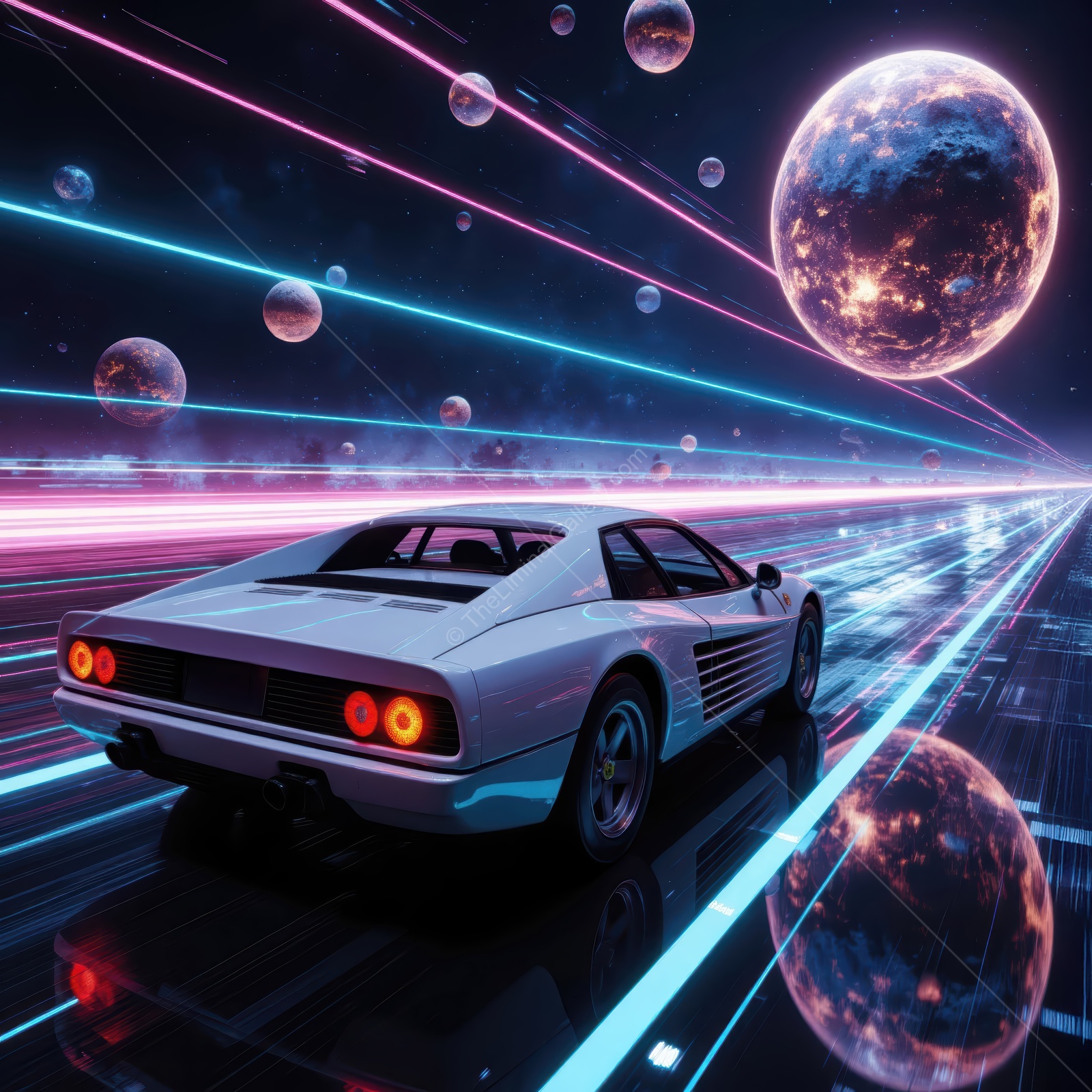 Illuminated retro sports car racing through a cosmic landscape filled with vibrant colors and planets under a starry sky