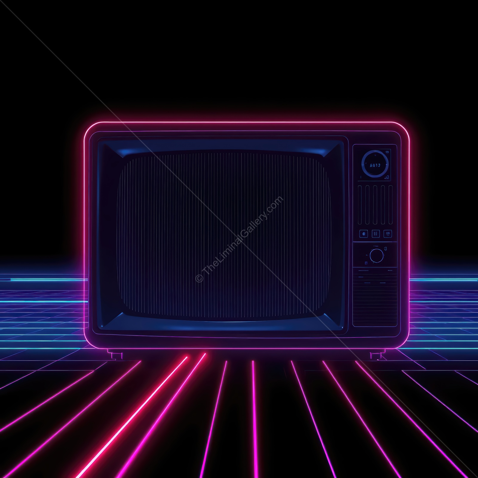 Retro television with neon lights illuminating a digital landscape in a vibrant, futuristic setting at night