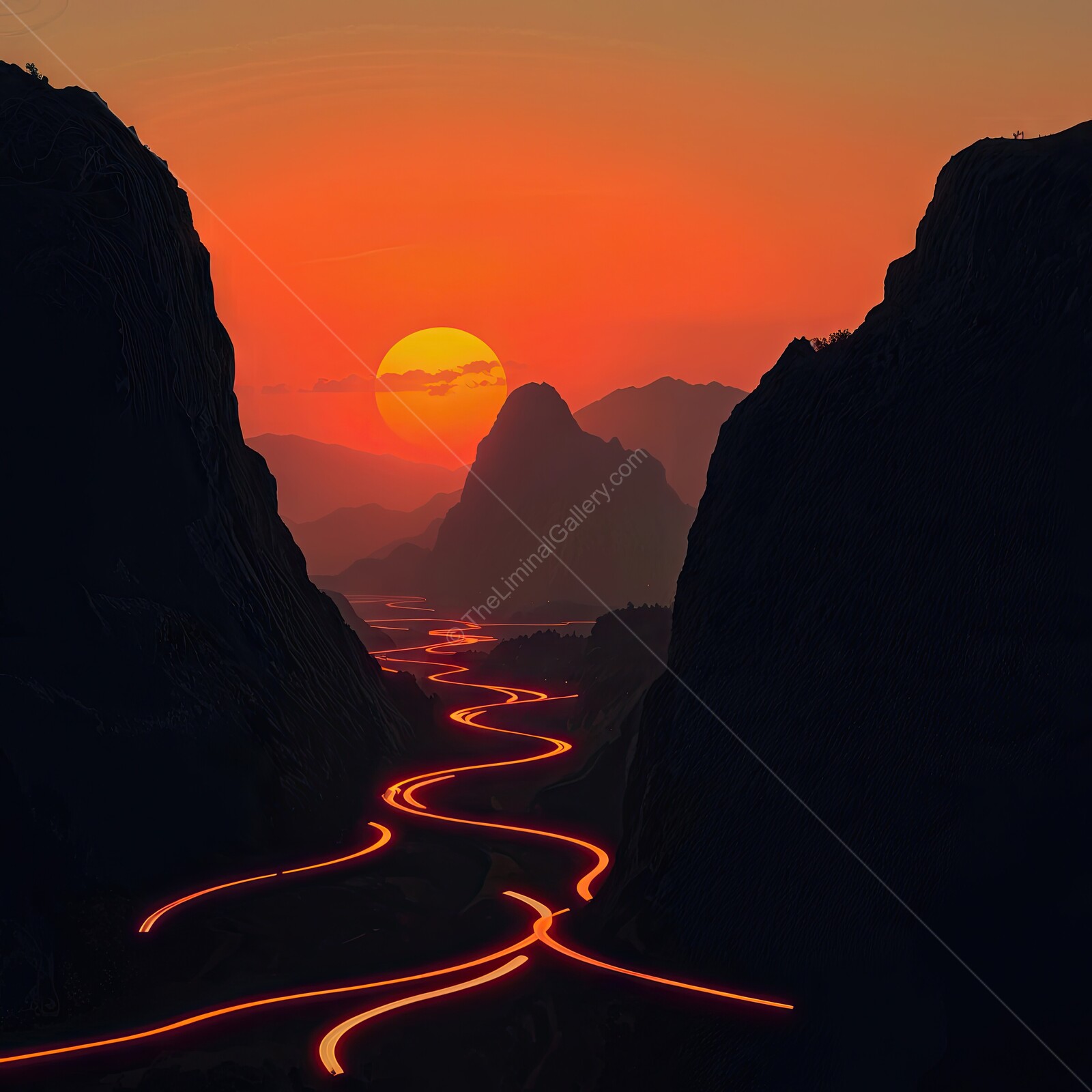 Winding river illuminated by sunset against majestic mountain valleys in a serene twilight