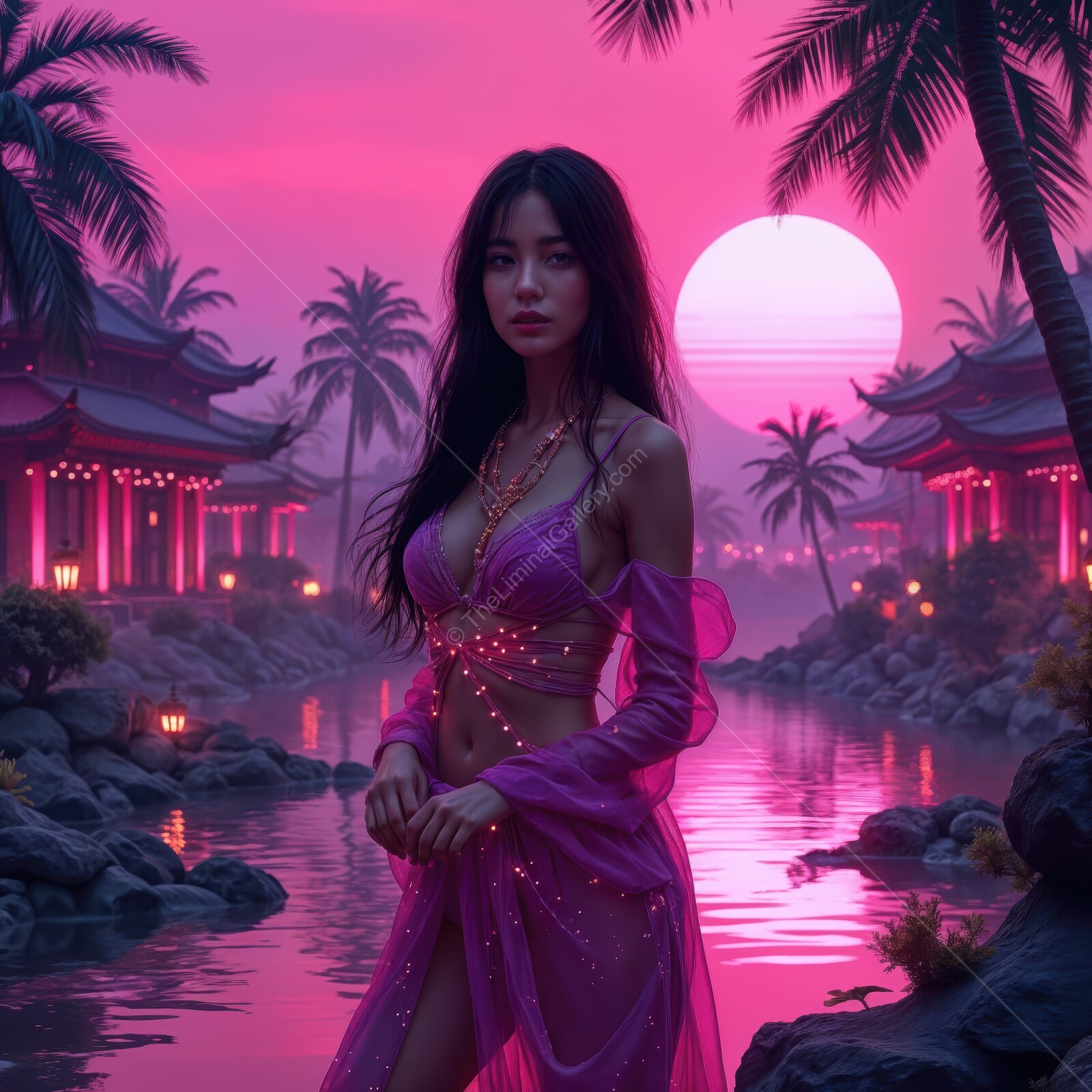 Enchanting sunset at a tranquil riverside with a captivating figure in vibrant attire