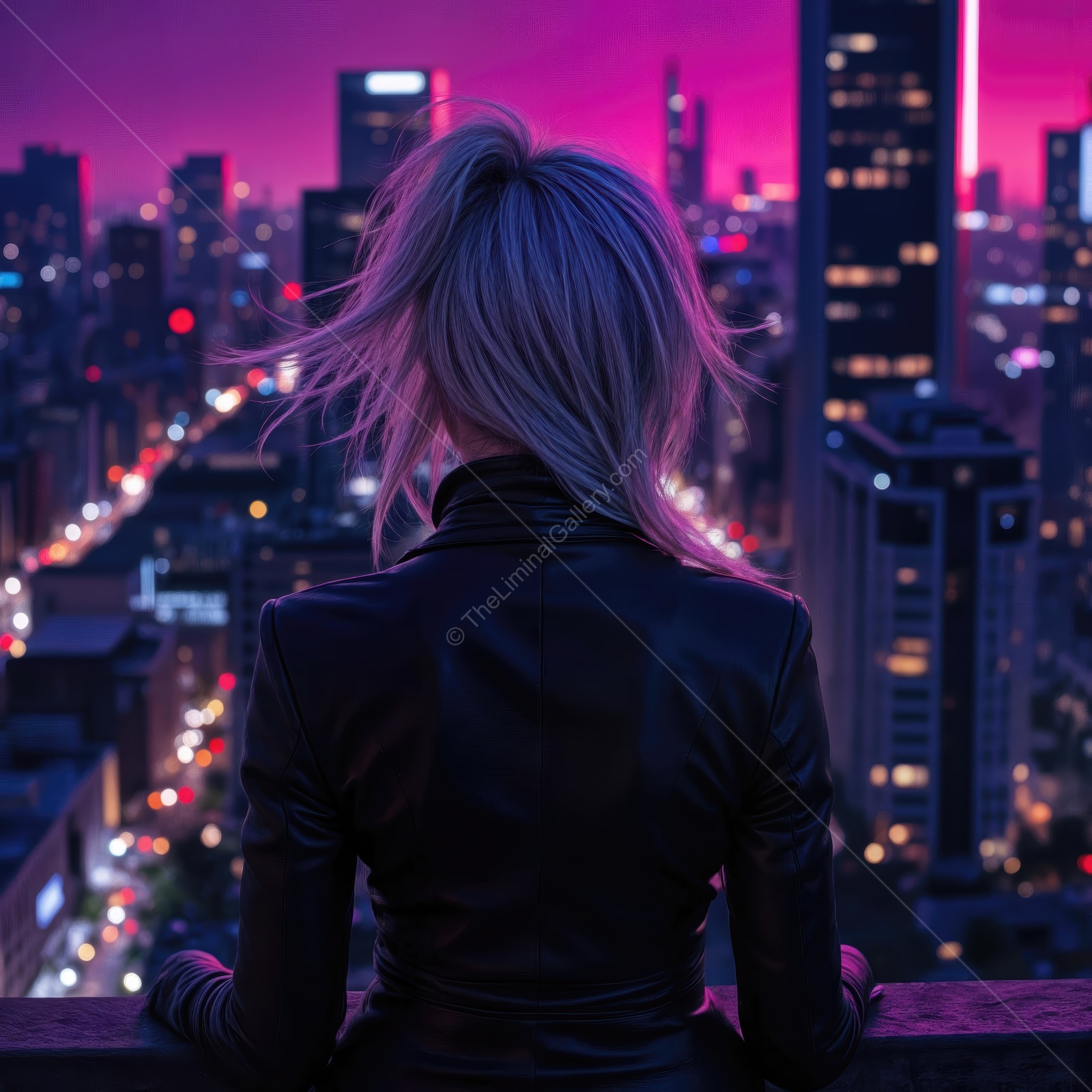Woman gazes over a vibrant cityscape at dusk, illuminated by colorful lights and street activity