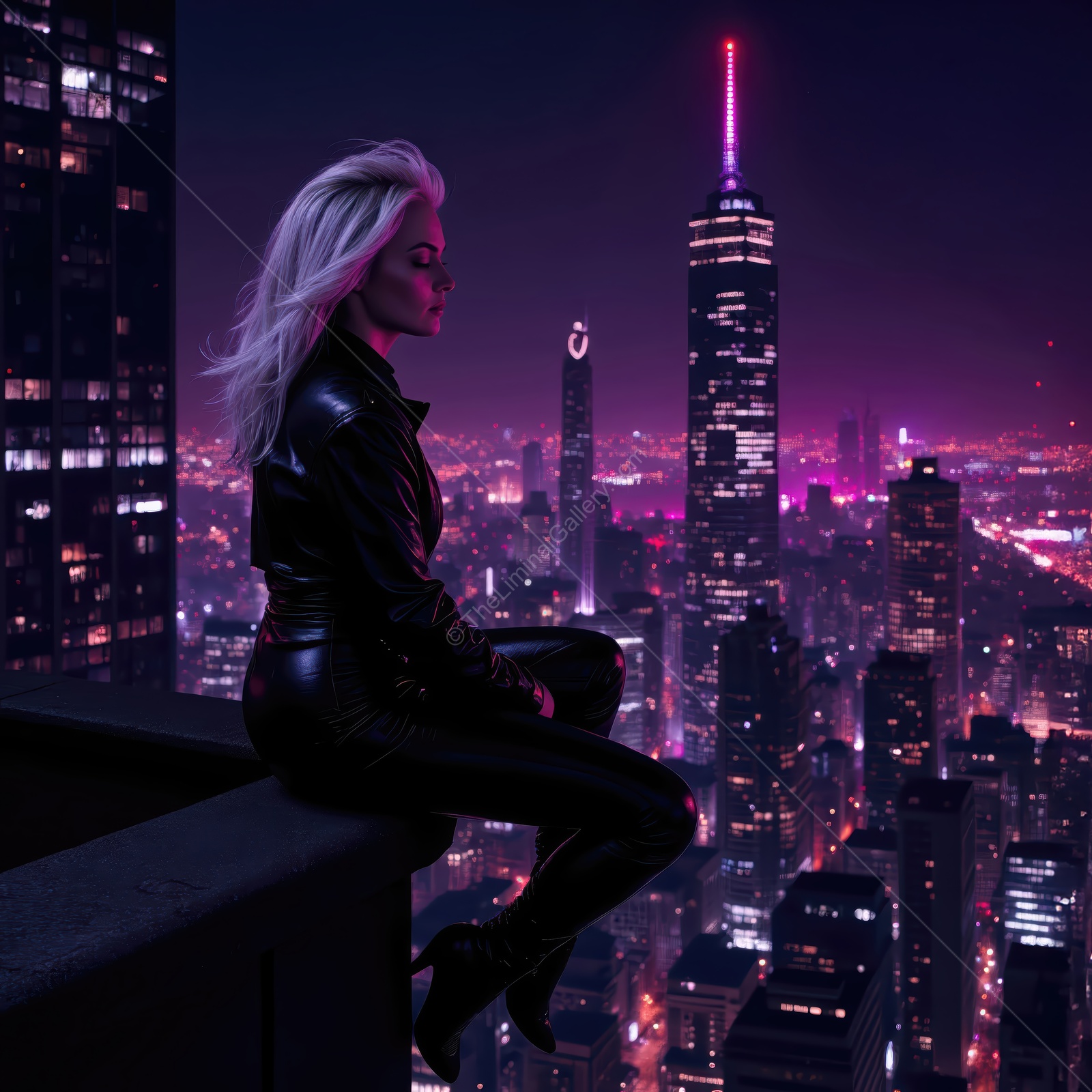City skyline adventure at night with a stylish figure overlooking vibrant lights