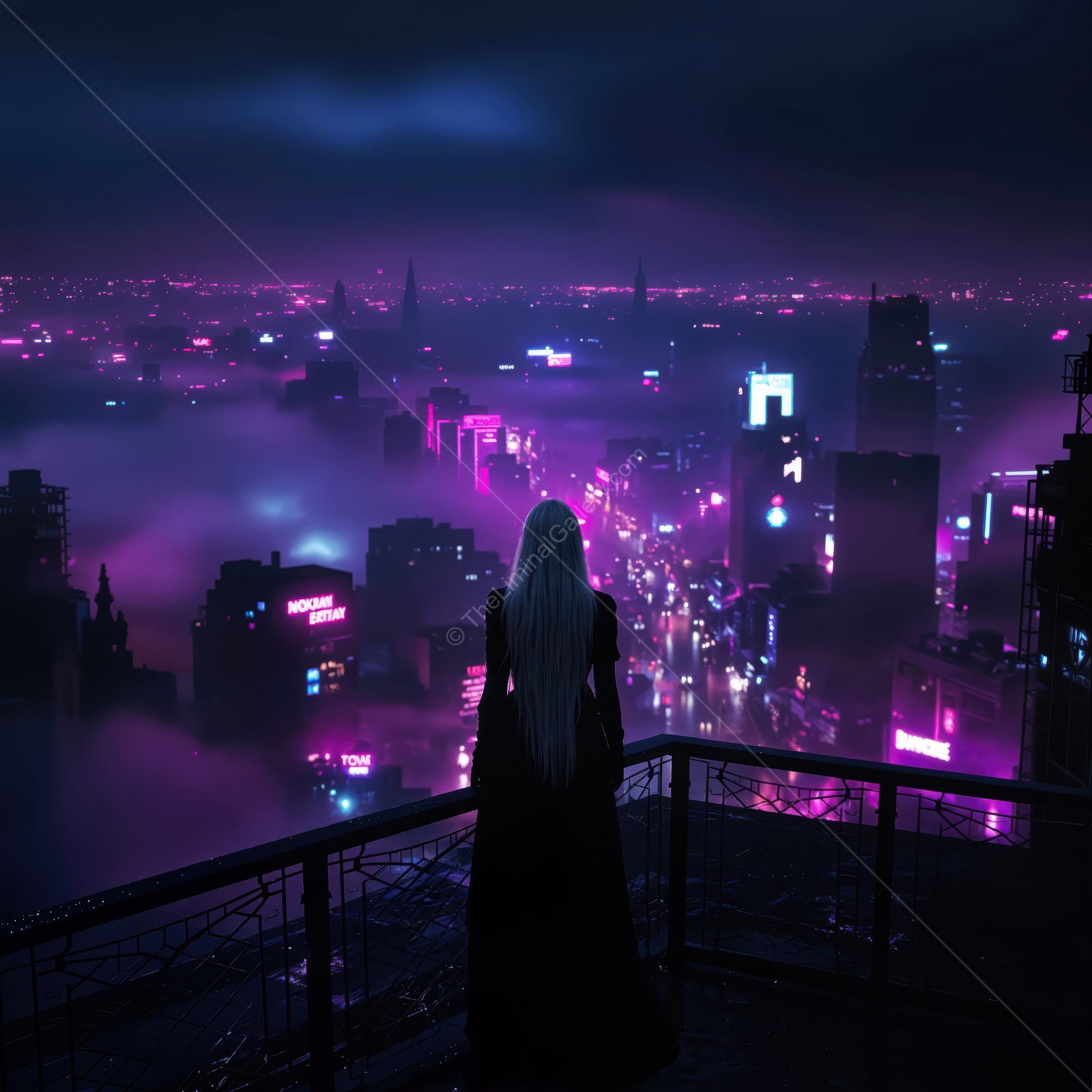Gazing at the neon cityscape under a violet sky at dusk