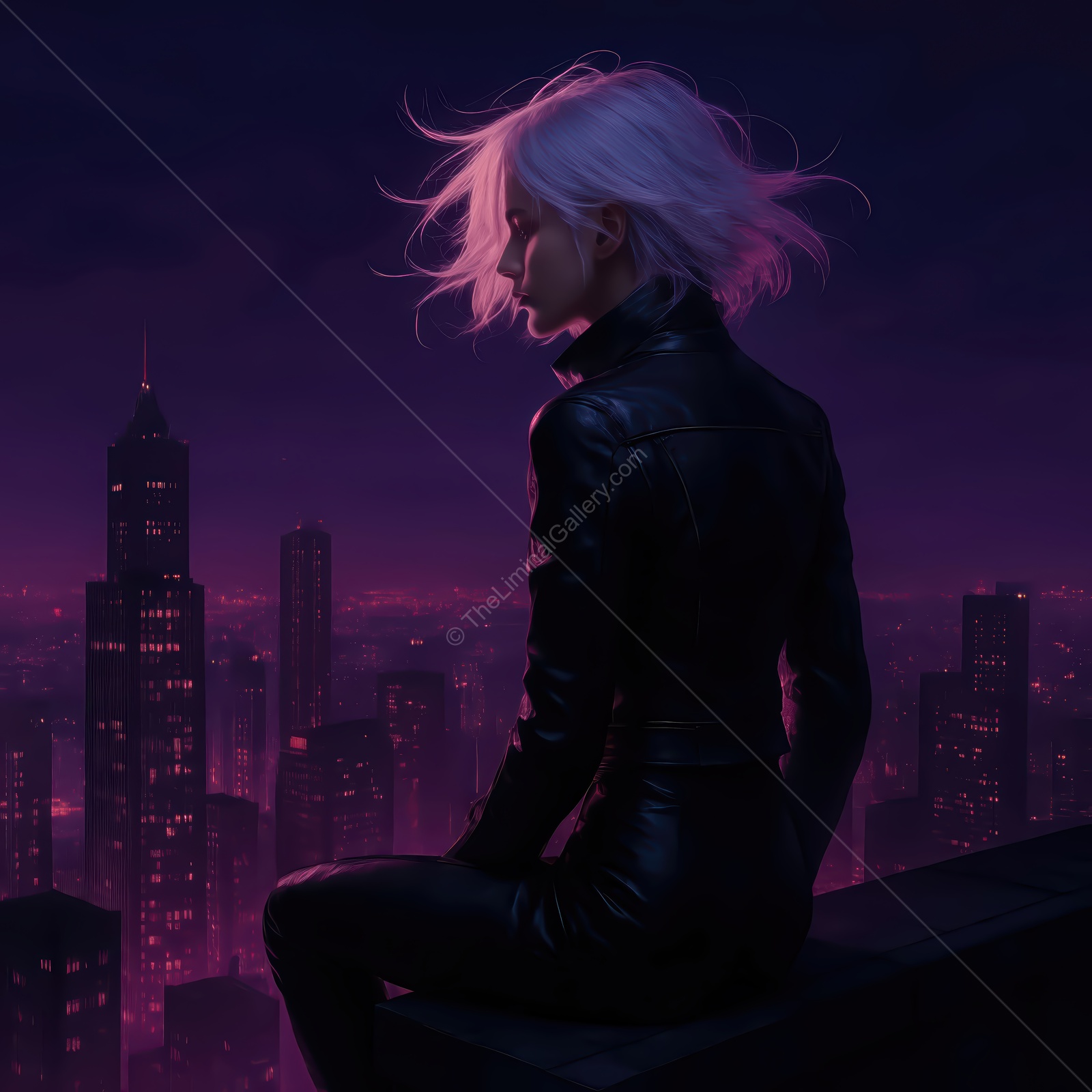 Captivating scene of a lone figure overlooking a vibrant city skyline at night