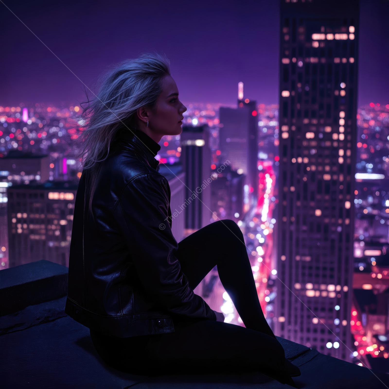 Woman sitting on a rooftop at night, overlooking a vibrant cityscape filled with lights and skyscrapers
