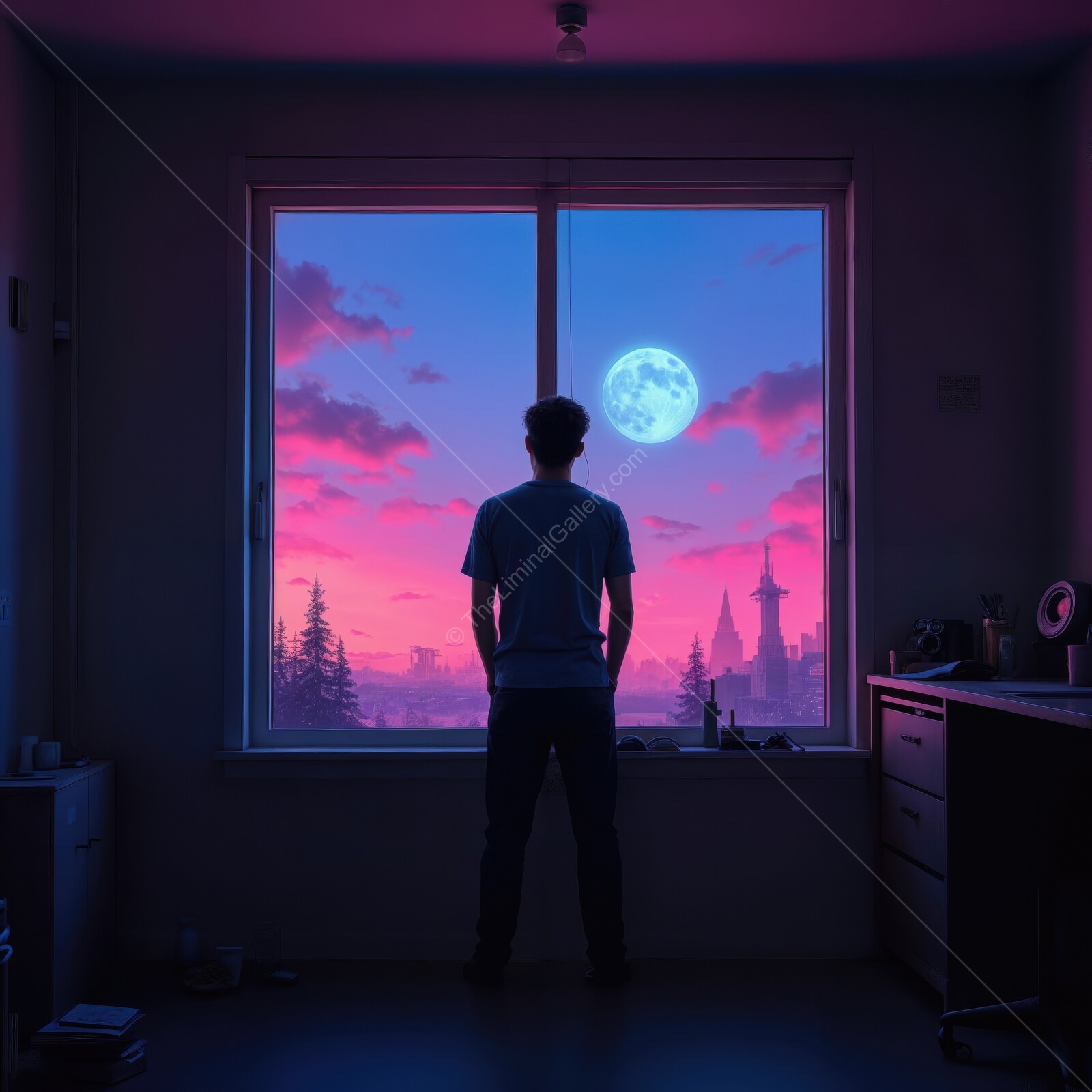 Contemplation during twilight in a cozy room with a stunning moonlit view