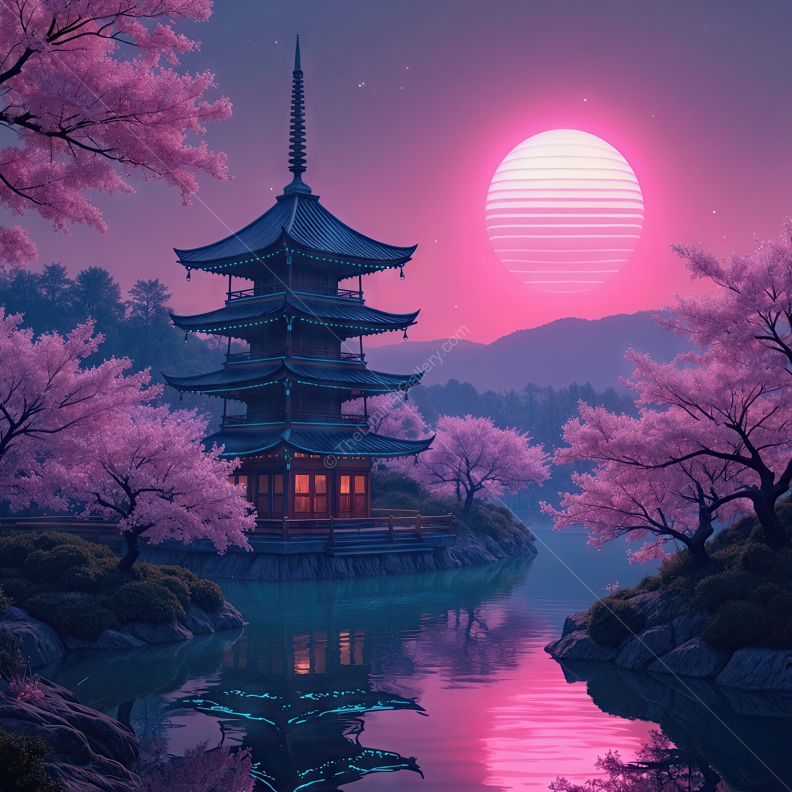 Serenity blossoms under a vibrant moonlight at a tranquil pagoda in the heart of springtime