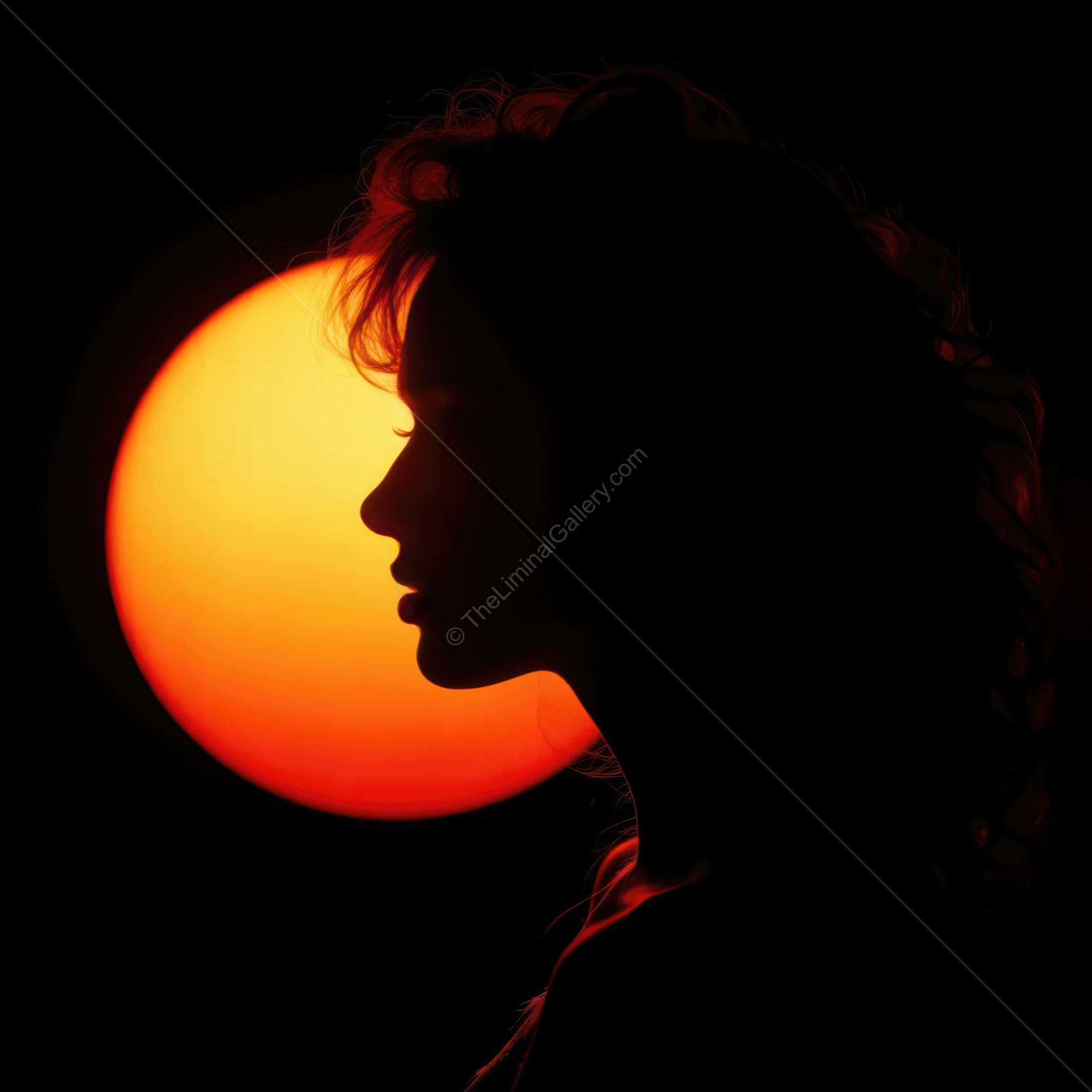 Silhouette of a woman framed by a glowing sunset against the dark sky in a tranquil moment of reflection