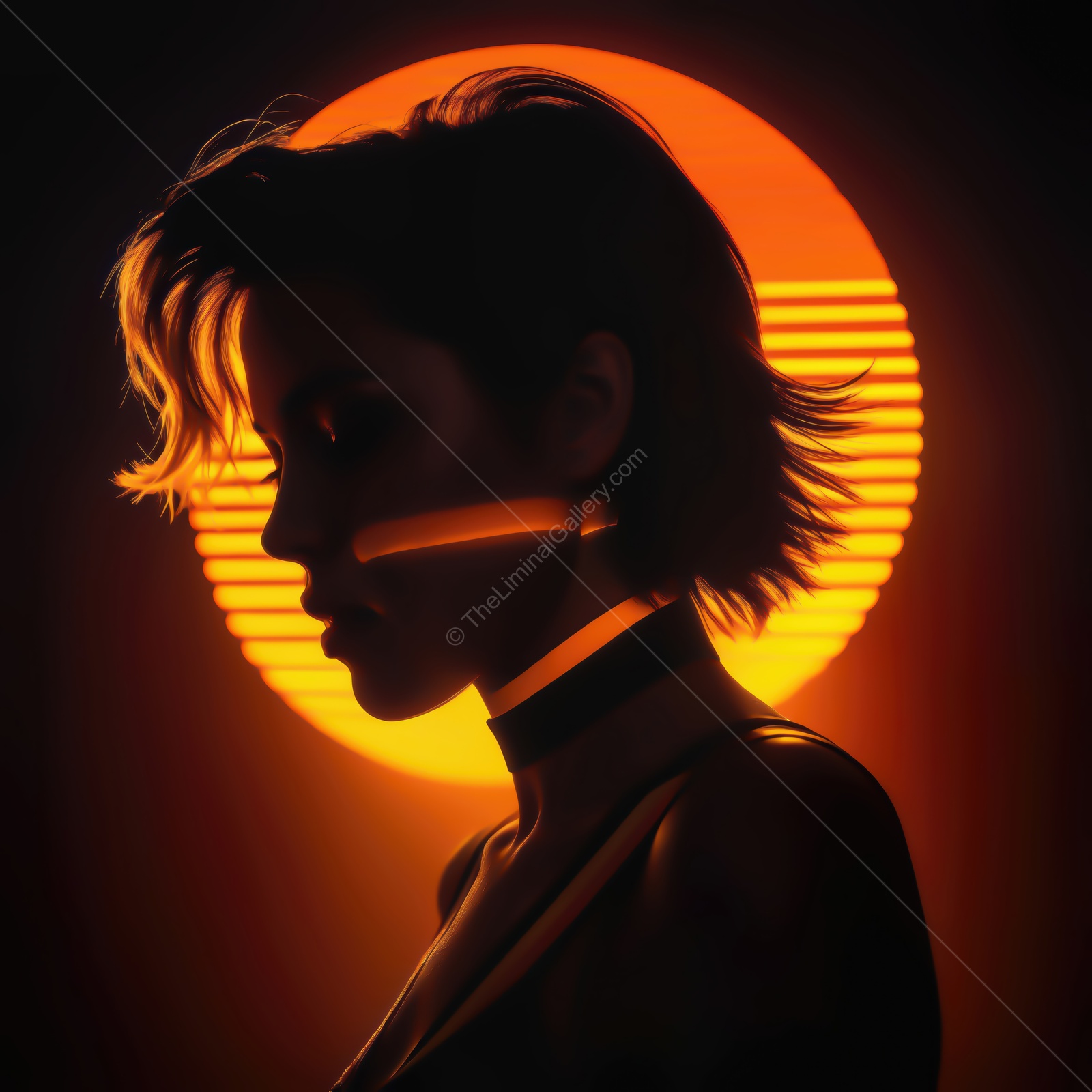 Silhouette of a woman against a vibrant sunset background radiating futuristic energy and style