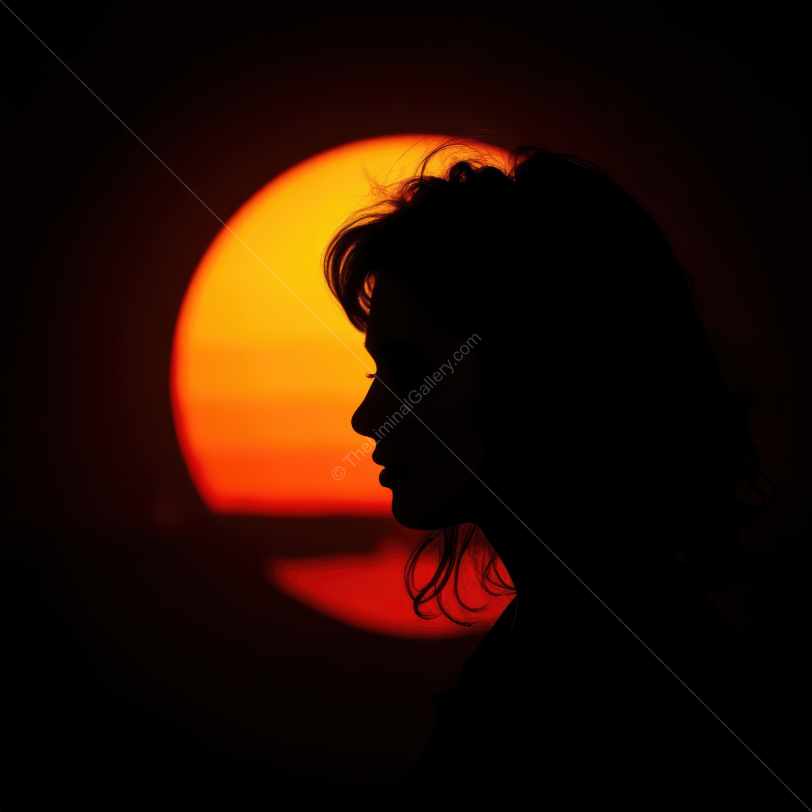 Silhouette of a woman against a vivid sunset by the ocean