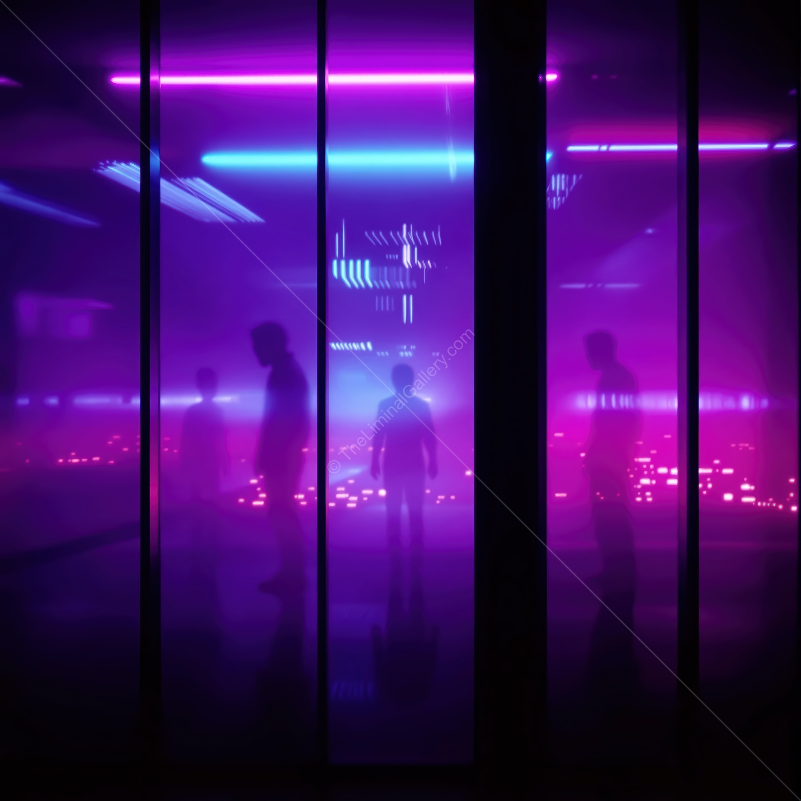 Silhouetted figures in a neon-lit environment with vibrant colors and digital patterns at night