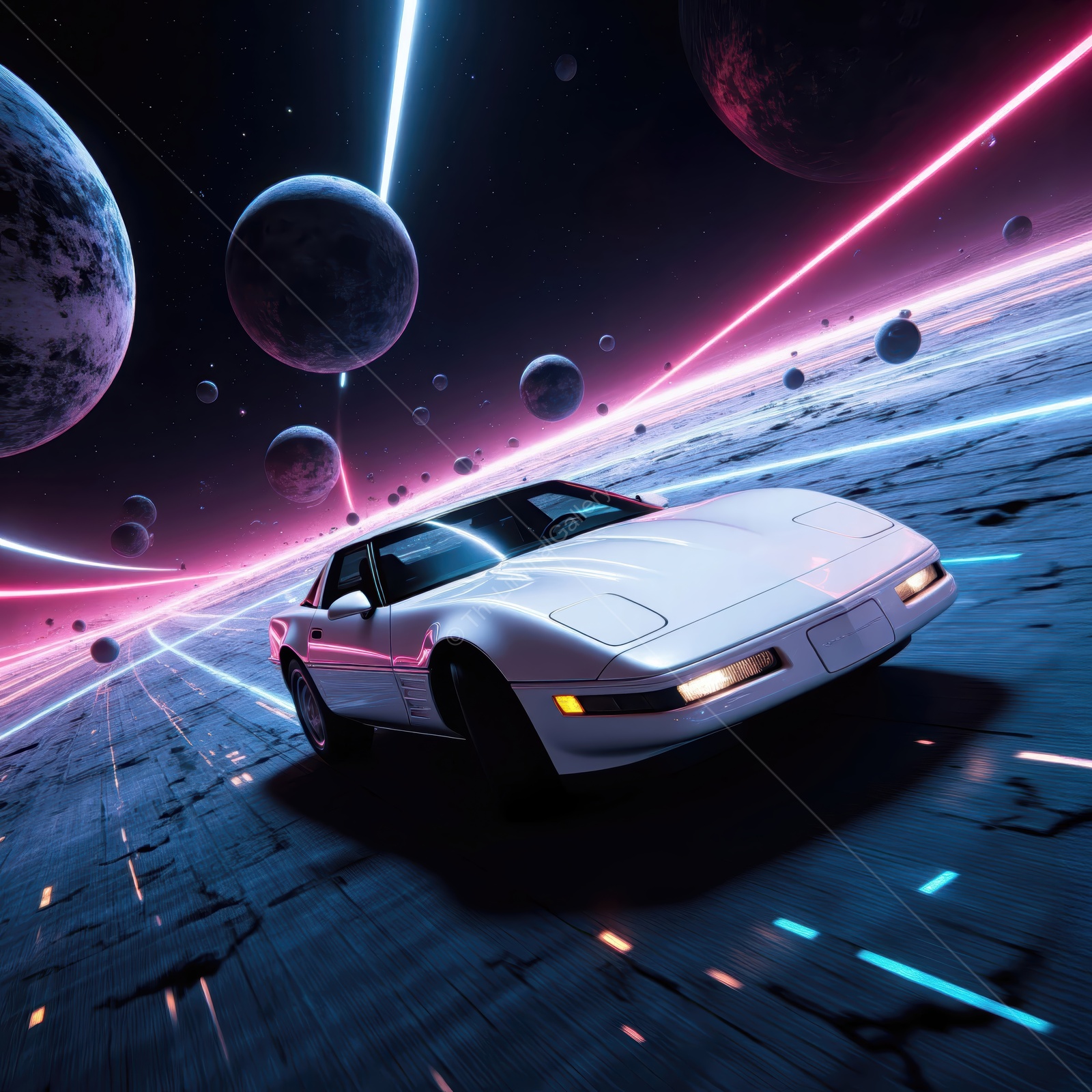 Fast journey through a neon dimension with a sleek car racing across cosmic landscapes