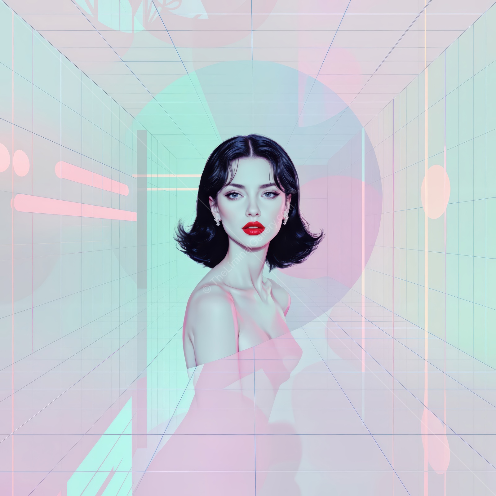 Portrait of a captivating woman in a surreal, futuristic setting with soft neon colors and smooth lines