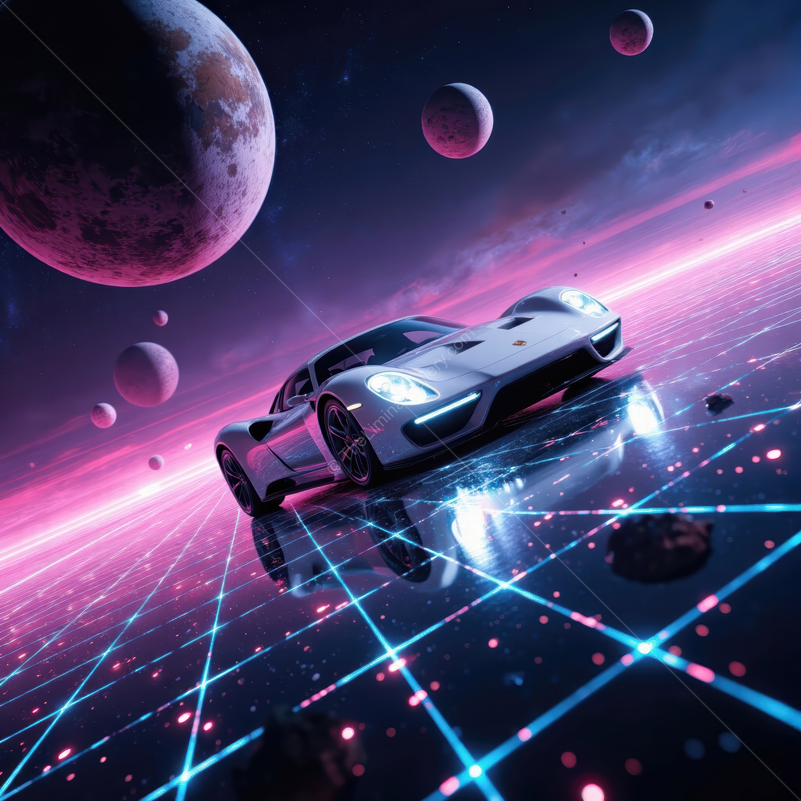 Futuristic sports car racing through a vibrant cosmic landscape with glowing grids and planets