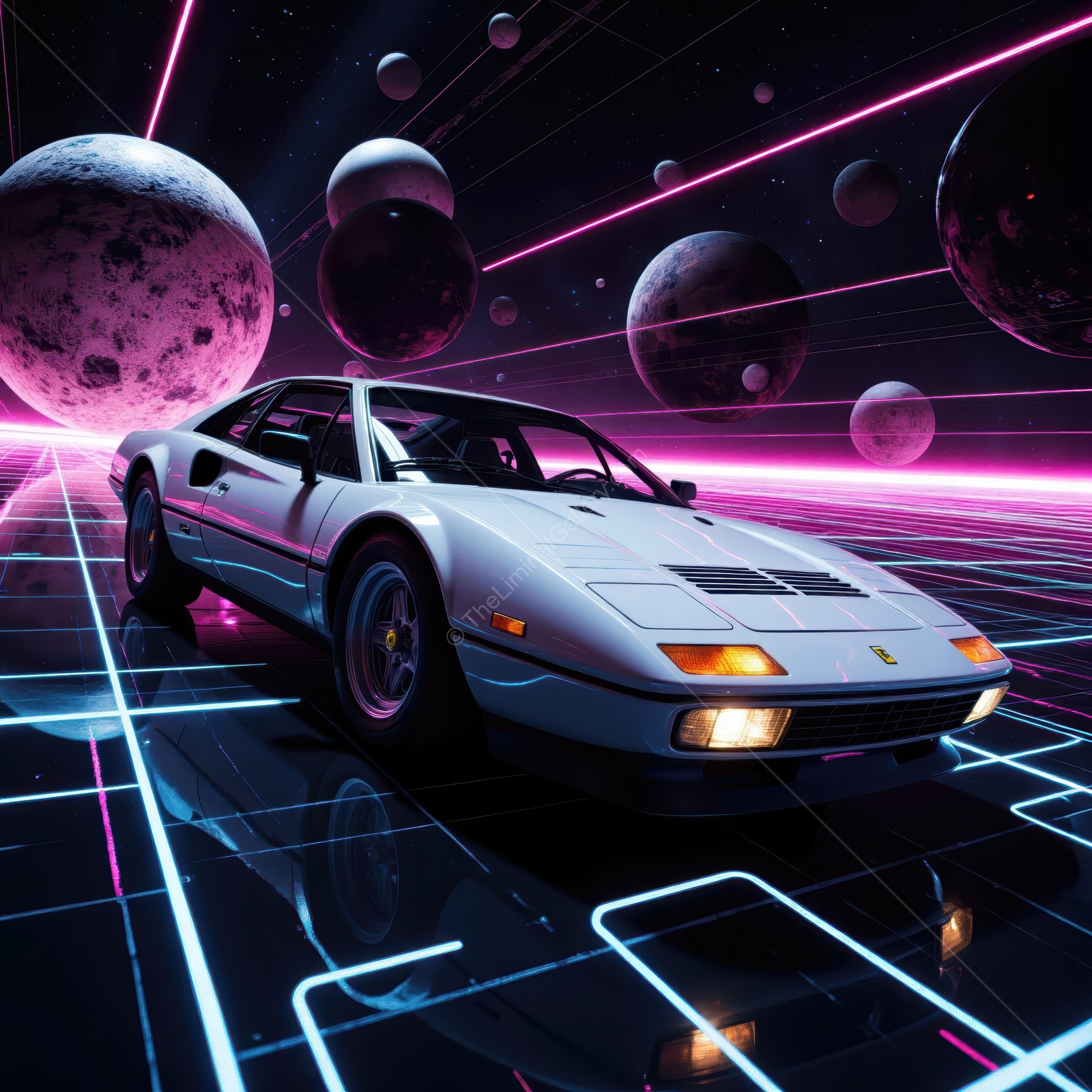 Futuristic car cruising through a cosmic landscape with neon lights and distant planets