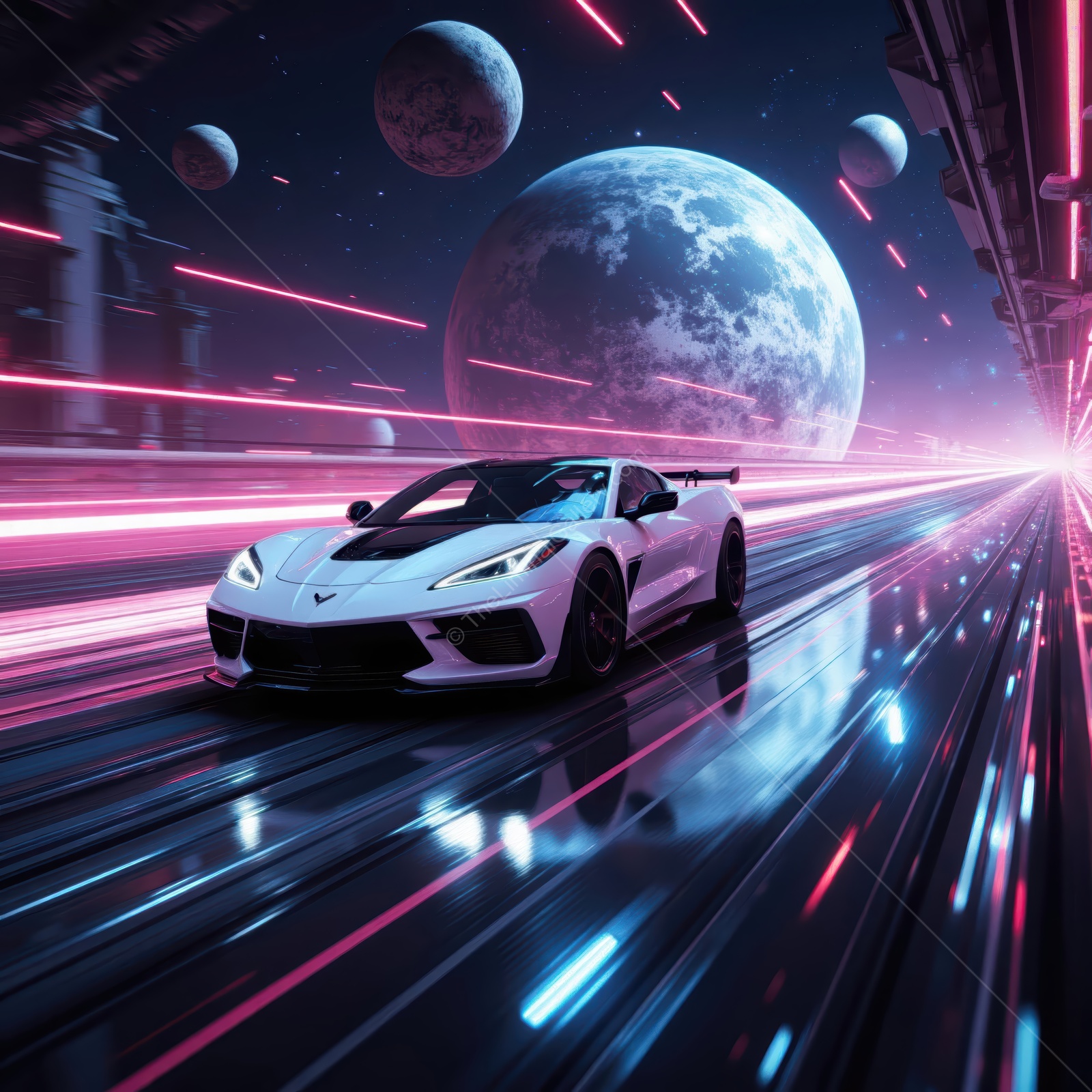 Futuristic speed captured in a sleek sports car racing through a cosmic landscape