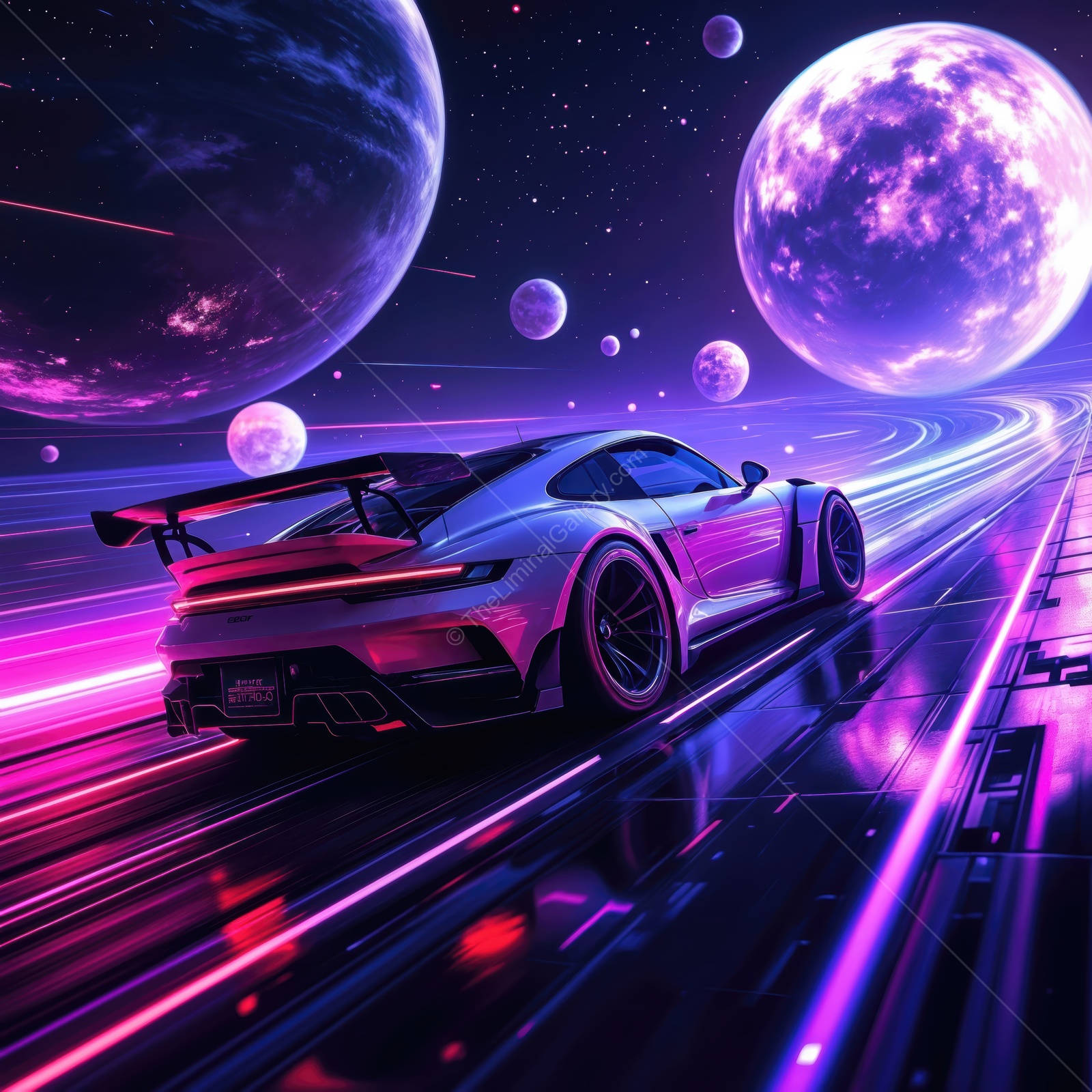 Futuristic sports car racing through a vibrant neon galaxy at high speed