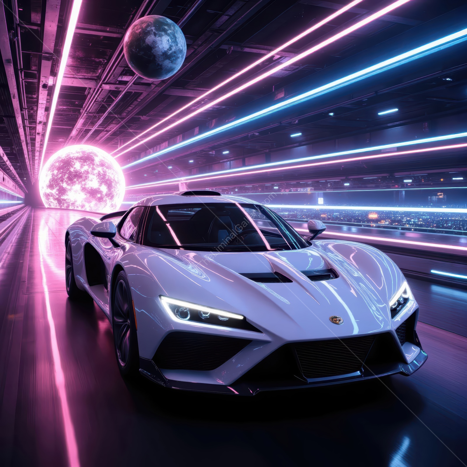 Futuristic sports car cruising through a neon-lit tunnel with cosmic elements