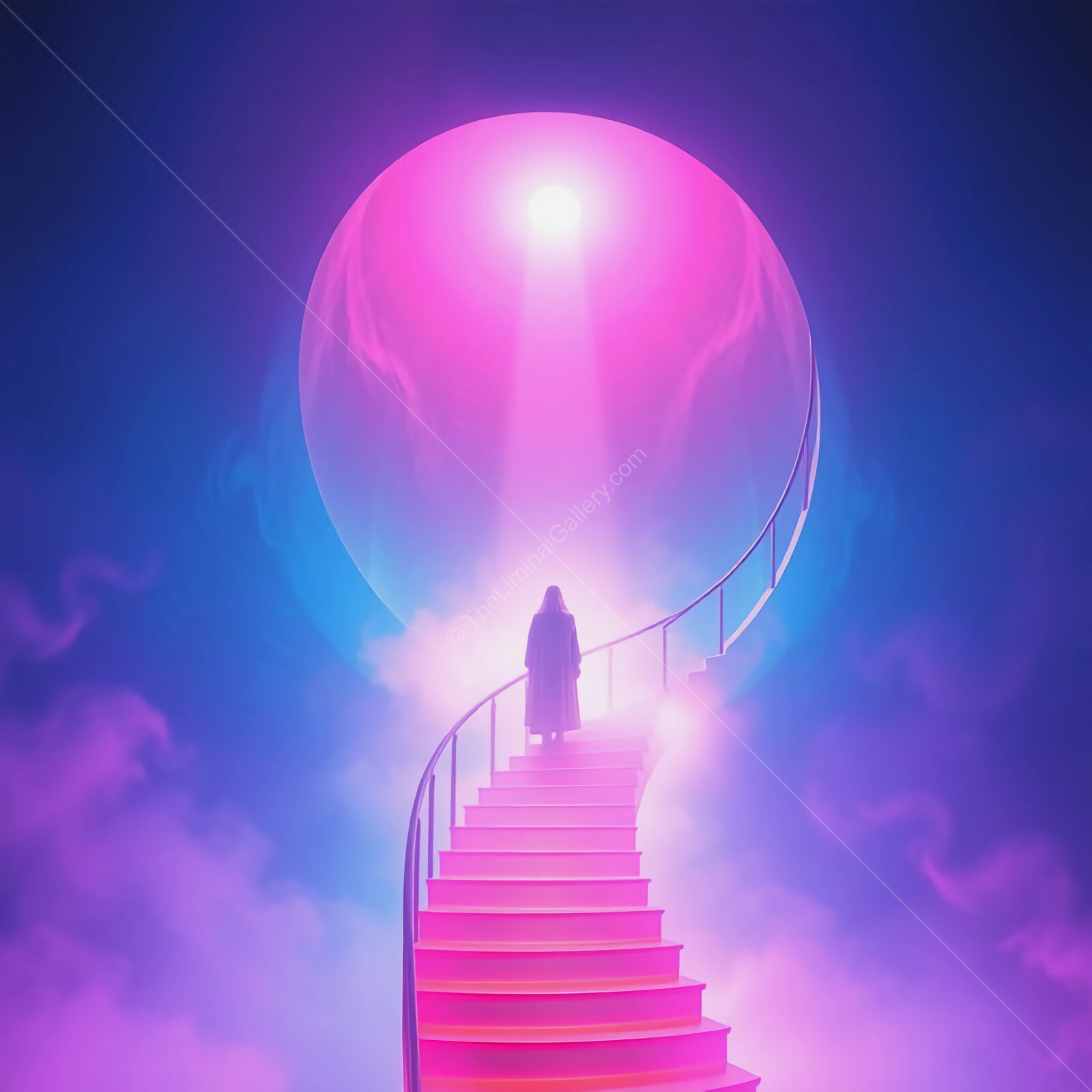 Liminal stairway to the ethereal light revealing a mysterious figure at dusk