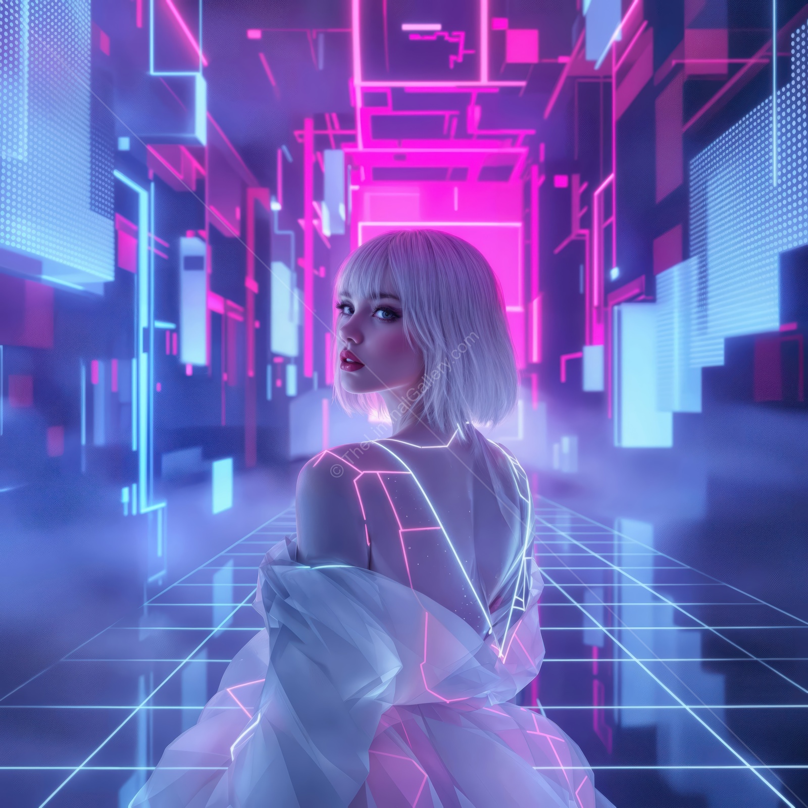 Futuristic neon cyber world with a stylish girl in a glowing virtual corridor