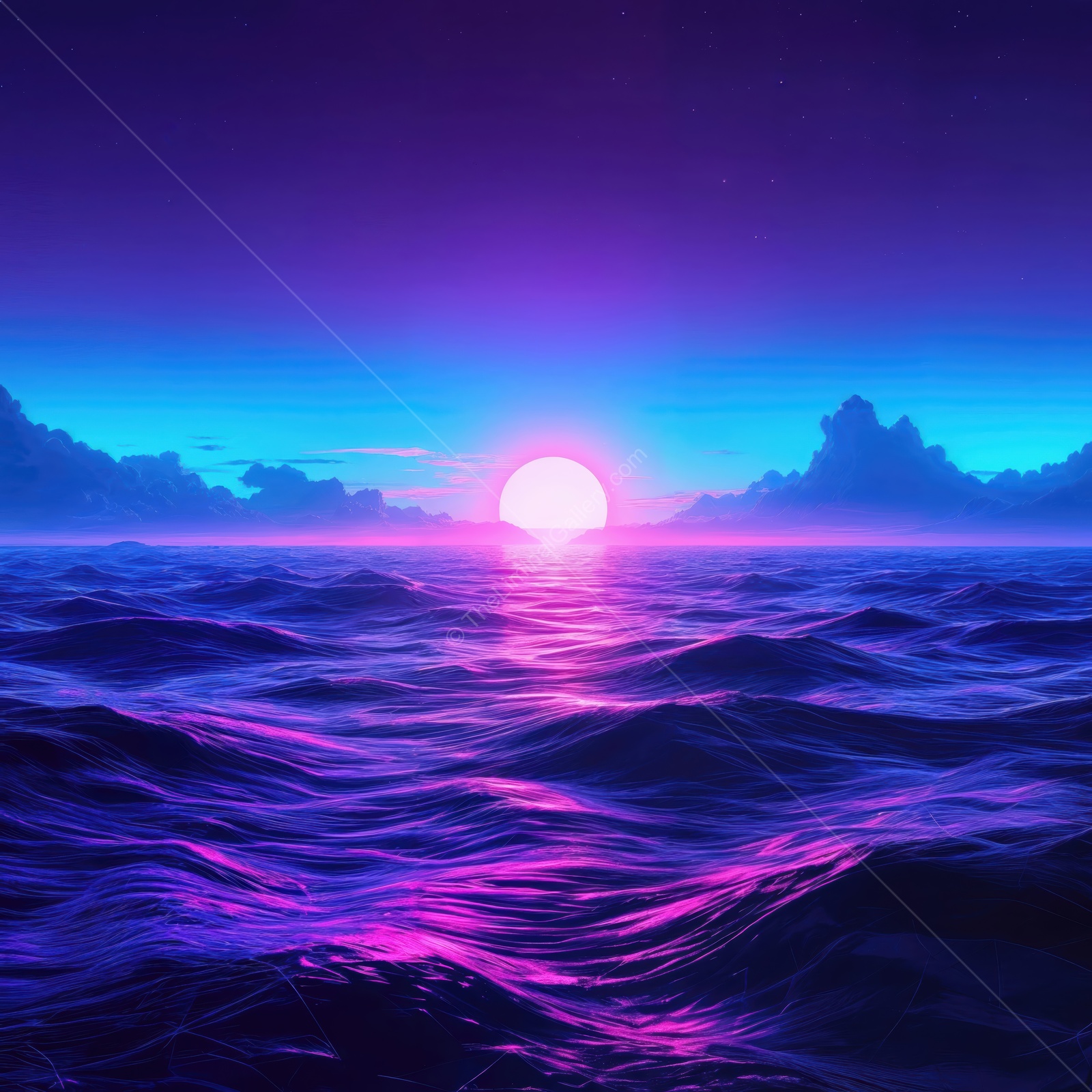 Beautiful sunset over calm ocean waves captured in vibrant colors with a dreamy atmosphere