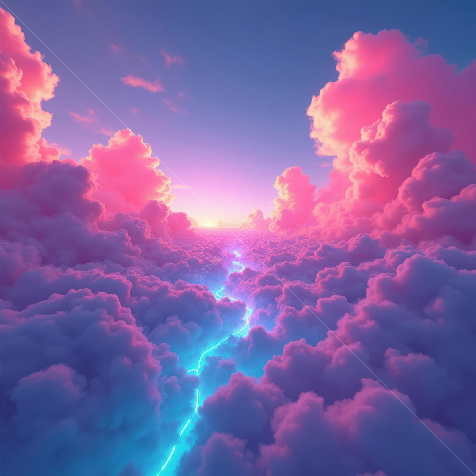 Vibrant sunset illuminates thunderous clouds with striking blue lightning in a surreal sky