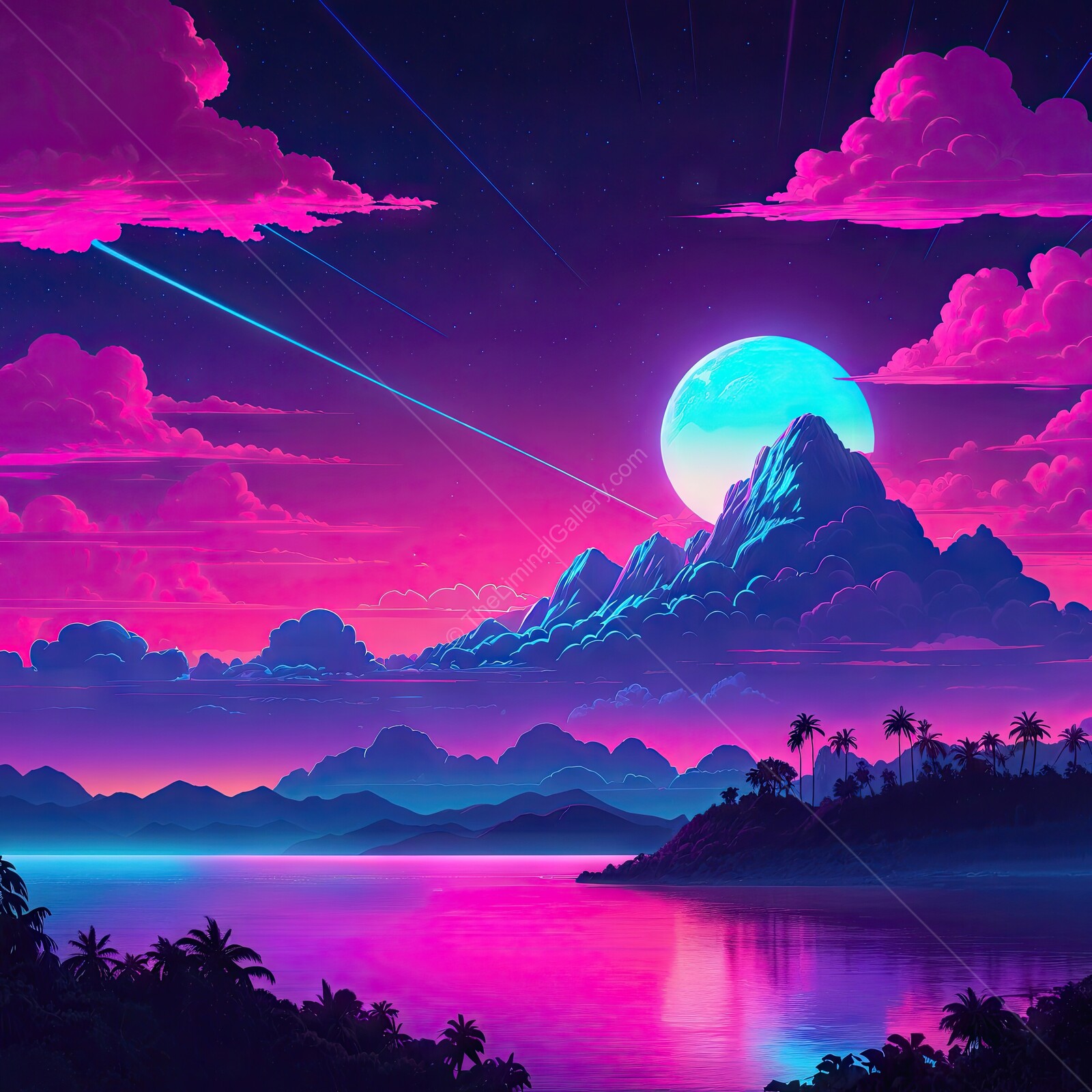 Majestic 80s synthwave sunset glow over a tranquil lake with vibrant colors and distant mountains